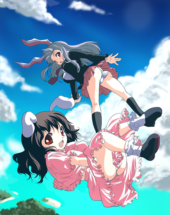 advenchara, inaba tewi, reisen udongein inaba, touhou, commentary request, 2000s (style), 2girls, :d, above clouds, animal ears, ass, black hair, black jacket, black shoes, breasts, brown eyes, cloud, flying, frilled shirt, frilled skirt, frills, full body, grey hair, jacket, large breasts, loafers, long hair, long sleeves, looking at viewer, medium hair, multiple girls, open mouth, outdoors, panties, pink shirt, pink skirt, pleated skirt, rabbit ears, rabbit girl, red eyes, shirt, shoes, skirt, skirt set, smile, socks, underwear, white panties, white shirt, white socks