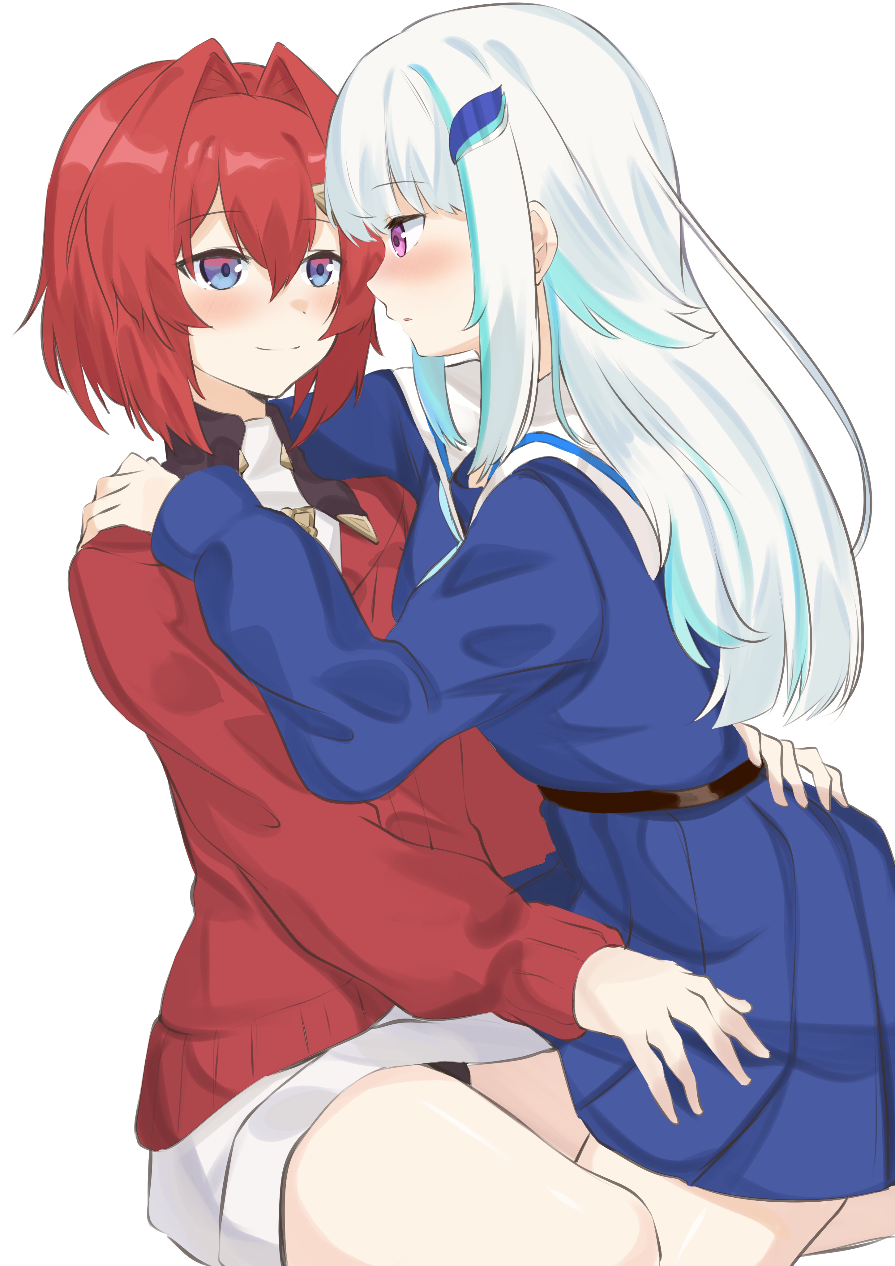 viet (yomi0556), ange katrina, ange katrina (1st costume), lize helesta, lize helesta (4th costume), nijisanji, absurdres, commentary request, highres, 2girls, arm around waist, black panties, blue eyes, blue hair, blue shirt, blue skirt, blush, cardigan, closed mouth, double-parted bangs, dress, eye contact, hair between eyes, hair intakes, hair ornament, hand on another's shoulder, long bangs, long hair, long sleeves, looking at another, medium hair, miniskirt, multicolored hair, multiple girls, panties, parted lips, pleated skirt, purple eyes, red cardigan, red hair, sailor collar, shirt, short dress, sidelocks, simple background, sitting, skirt, smile, split mouth, straddling, streaked hair, thigh straddling, two-tone hair, underwear, virtual youtuber, white background, white dress, white hair, white sailor collar, yuri