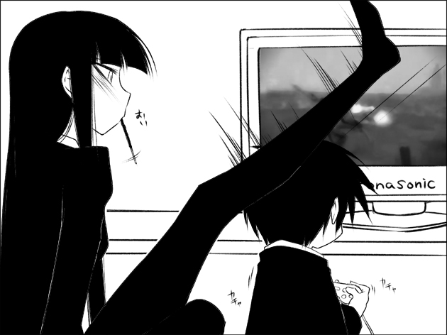 galore, female protagonist (houkago play), male protagonist (houkago play), houkago play, 1boy, 1girl, feet, food, greyscale, legs, long hair, monochrome, pantyhose, pocky, school uniform