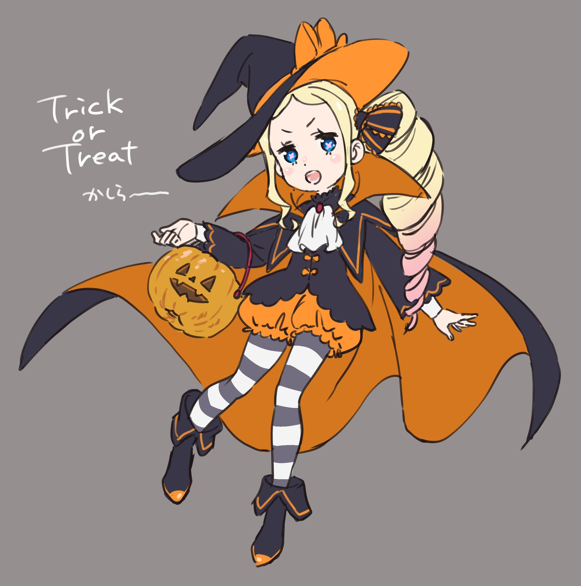 highres, 1girl, cape, full body, halloween, halloween bucket, hat, long hair, looking at viewer, open mouth, pantyhose, solo, striped clothes, striped pantyhose, trick or treat, witch hat