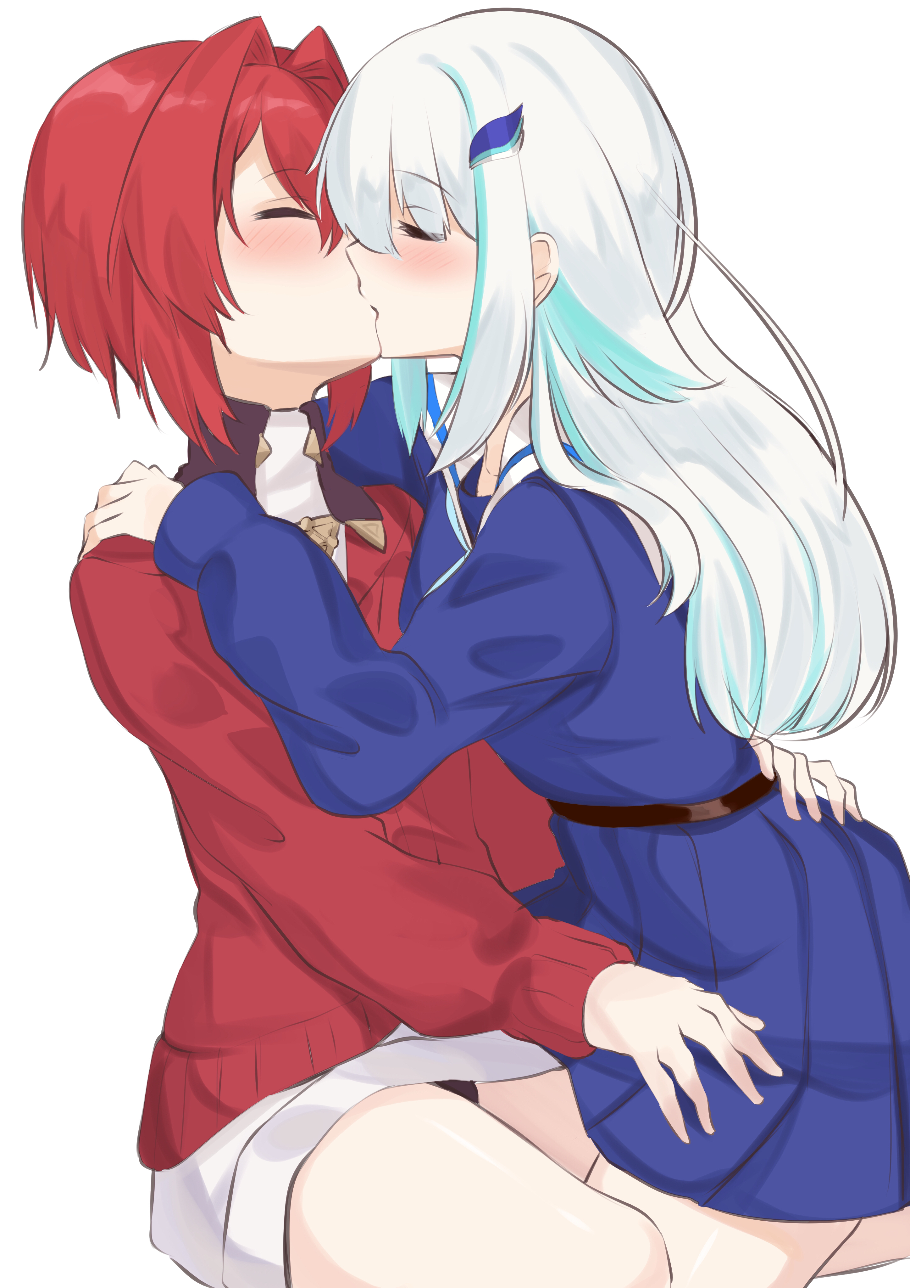 viet (yomi0556), ange katrina, ange katrina (1st costume), lize helesta, lize helesta (4th costume), nijisanji, absurdres, commentary request, highres, 2girls, arm around waist, black panties, blue hair, blue shirt, blue skirt, blush, cardigan, closed eyes, dress, hair between eyes, hair intakes, hair ornament, hand on another's shoulder, kiss, long bangs, long hair, long sleeves, medium hair, miniskirt, multicolored hair, multiple girls, panties, pleated skirt, red cardigan, red hair, sailor collar, shirt, short dress, sidelocks, simple background, sitting, skirt, straddling, streaked hair, thigh straddling, two-tone hair, underwear, virtual youtuber, white background, white dress, white hair, white sailor collar, yuri