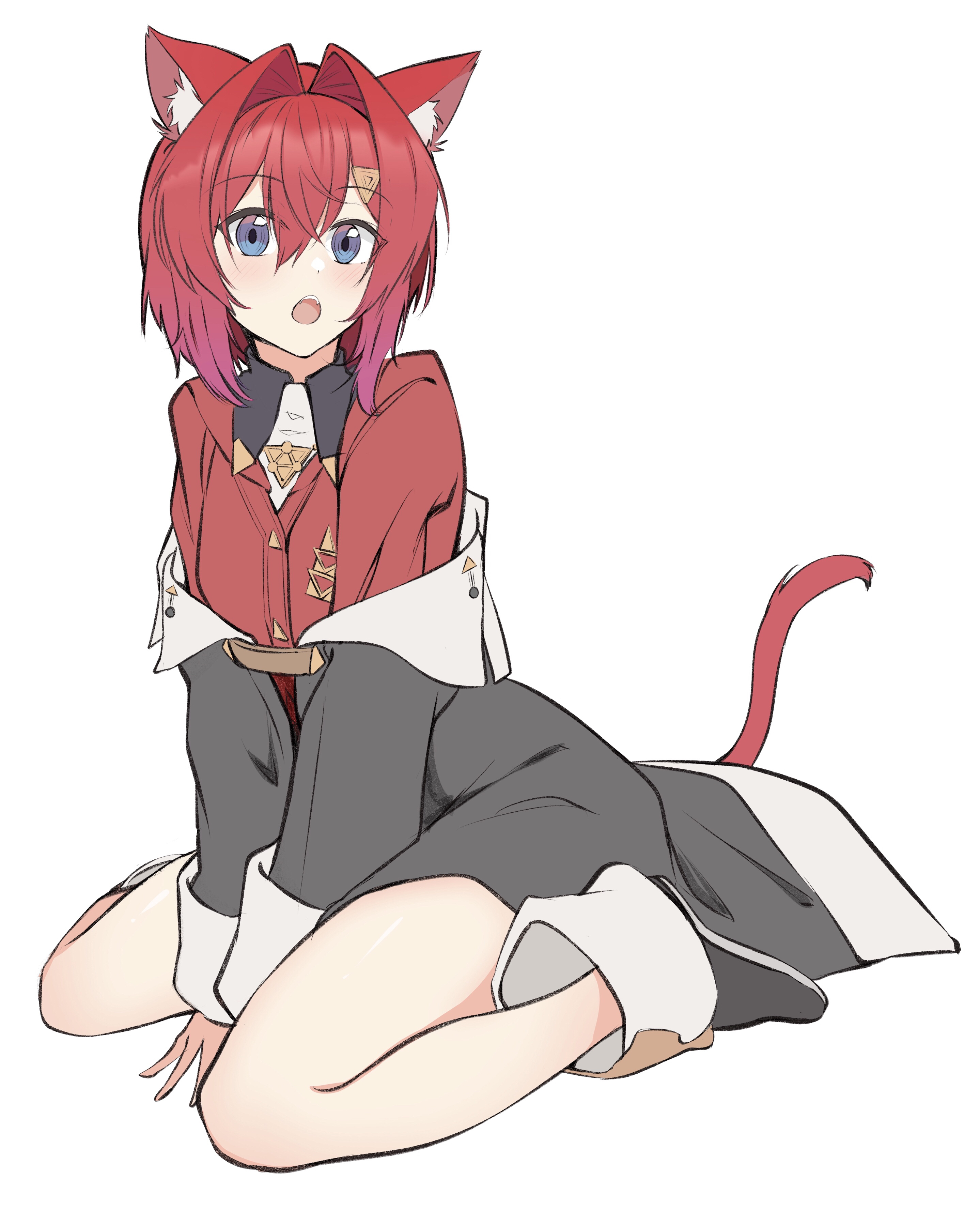 viet (yomi0556), ange katrina, ange katrina (1st costume), nijisanji, absurdres, commentary request, highres, 1girl, :o, animal ear fluff, animal ears, ankle boots, arms between legs, bare legs, black boots, blue eyes, blush, boots, cardigan, cat ears, cat girl, cat tail, coat, full body, grey coat, hair between eyes, hair ornament, kemonomimi mode, long bangs, long sleeves, looking at viewer, medium hair, multicolored eyes, off shoulder, purple eyes, red cardigan, red hair, red tail, simple background, sitting, solo, tail, teeth, triangle hair ornament, two-tone eyes, upper teeth only, virtual youtuber, wariza, white background