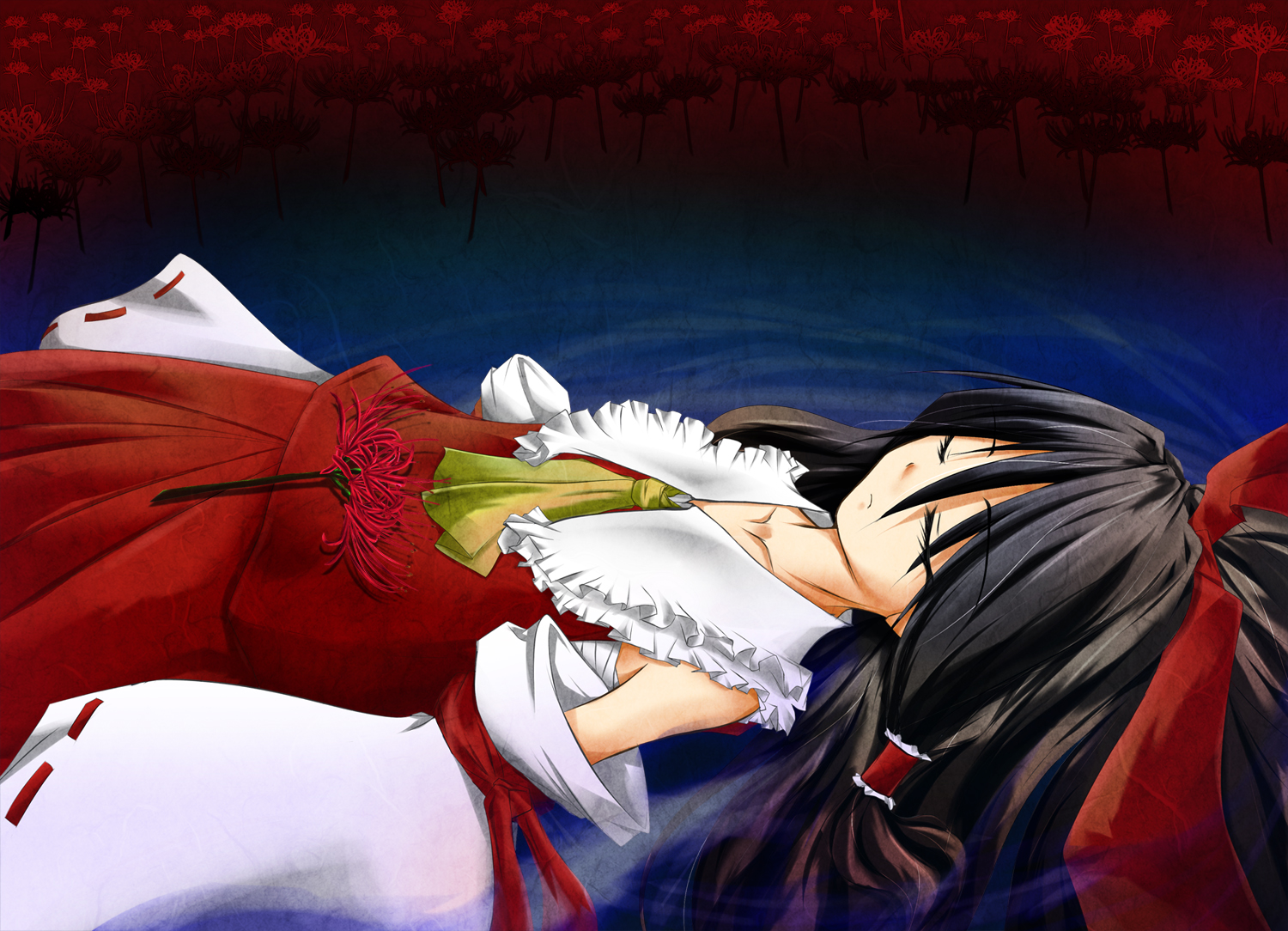 uketora, hakurei reimu, touhou, 1girl, afloat, black hair, closed eyes, death, female focus, floating, flower, japanese clothes, miko, plant, red flower, ribbon, skirt, solo, spider lily