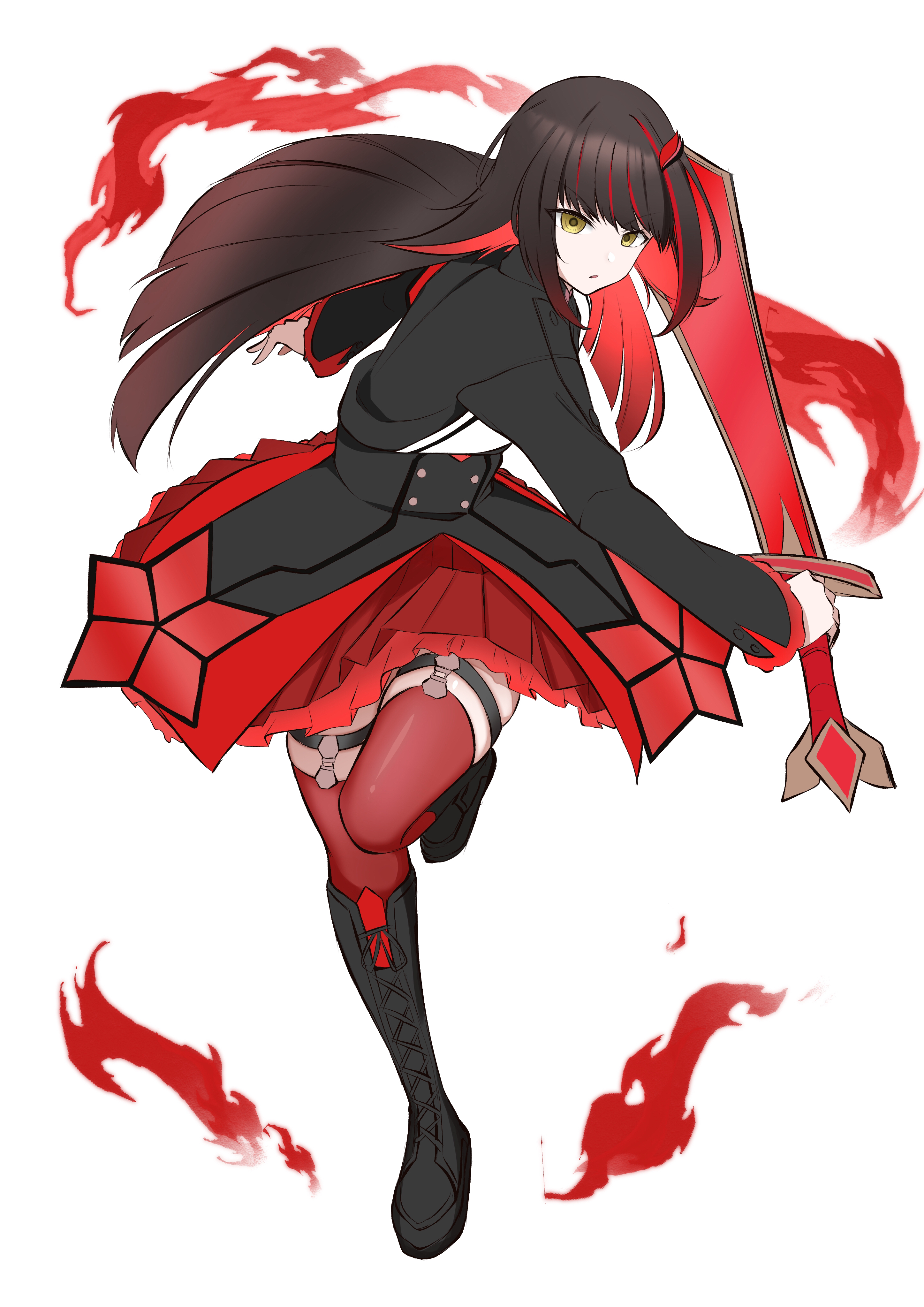 viet (yomi0556), lize helesta, lize helesta (1st costume), nijisanji, absurdres, commentary request, highres, 1girl, alternate color, alternate eye color, alternate hair color, black boots, black hair, black jacket, black skirt, blunt ends, boots, colored inner hair, dark persona, fire, floating hair, frilled skirt, frills, full body, hair ornament, holding, holding sword, holding weapon, jacket, knee boots, lace-up boots, layered skirt, leg up, legwear garter, long hair, long sleeves, looking at viewer, miniskirt, multicolored hair, pleated skirt, red hair, red skirt, red thighhighs, simple background, skindentation, skirt, solo, standing, standing on one leg, streaked hair, sword, thighhighs, twisted torso, virtual youtuber, weapon, white background, yellow eyes, zettai ryouiki