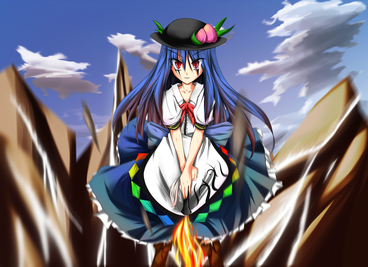 uketora, hinanawi tenshi, touhou, 1girl, blue hair, day, female focus, hat, outdoors, red eyes, sky, solo, sword, sword of hisou, weapon