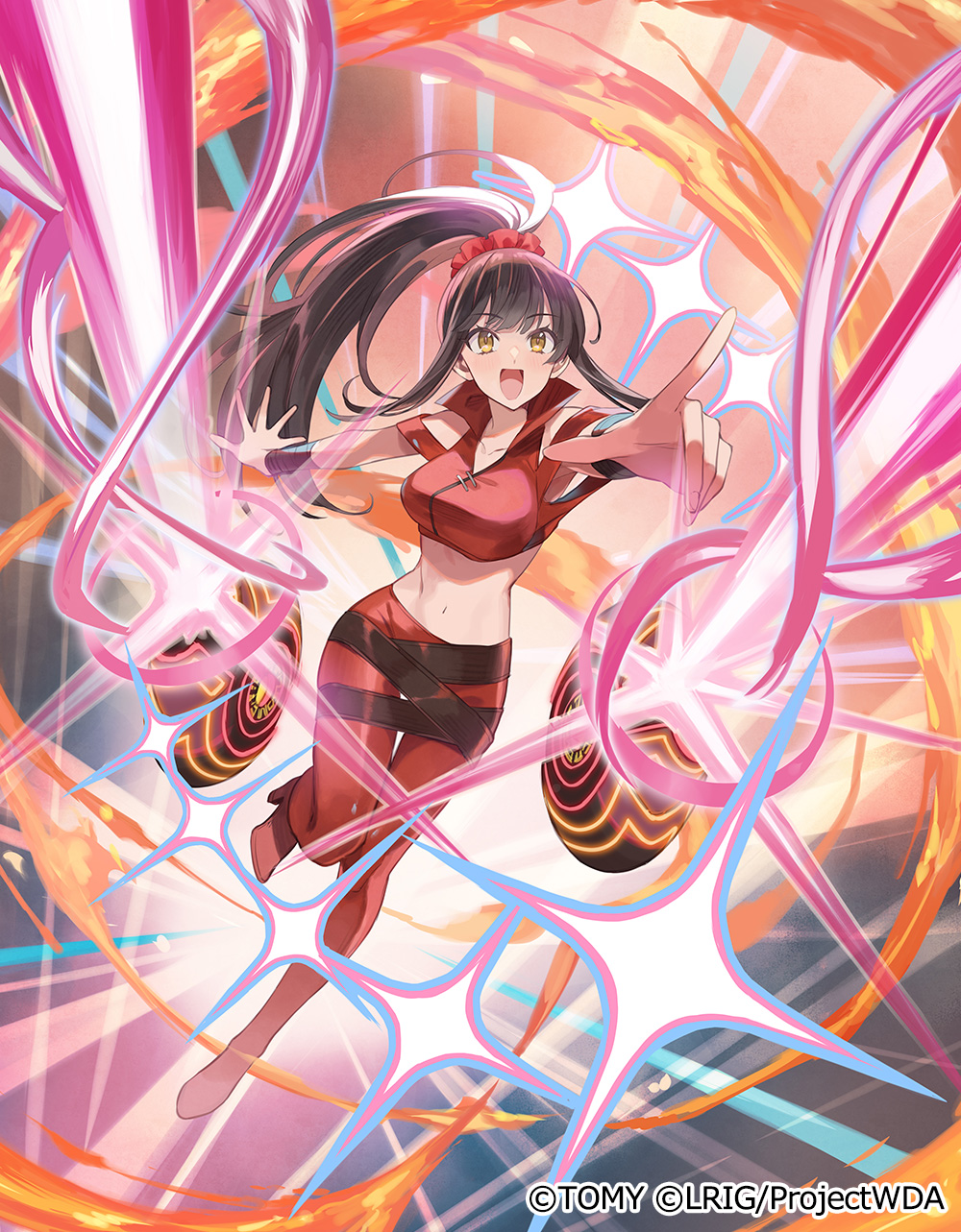 yuko (uc yuk), yuzuki (wixoss), wixoss, highres, official art, 1girl, belt, black belt, brown hair, copyright notice, cropped jacket, jacket, long hair, looking at viewer, open mouth, pants, ponytail, red jacket, red pants, red scrunchie, scrunchie, smile, solo, very long hair, yellow eyes