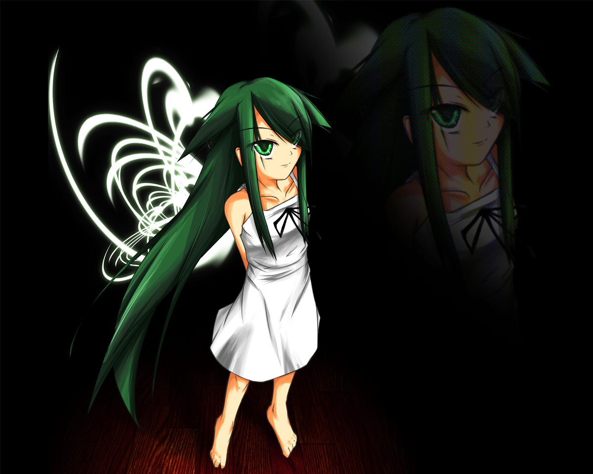 uketora, saya (saya no uta), saya no uta, barefoot, dark, darkness, green eyes, green hair, solo, zoom layer