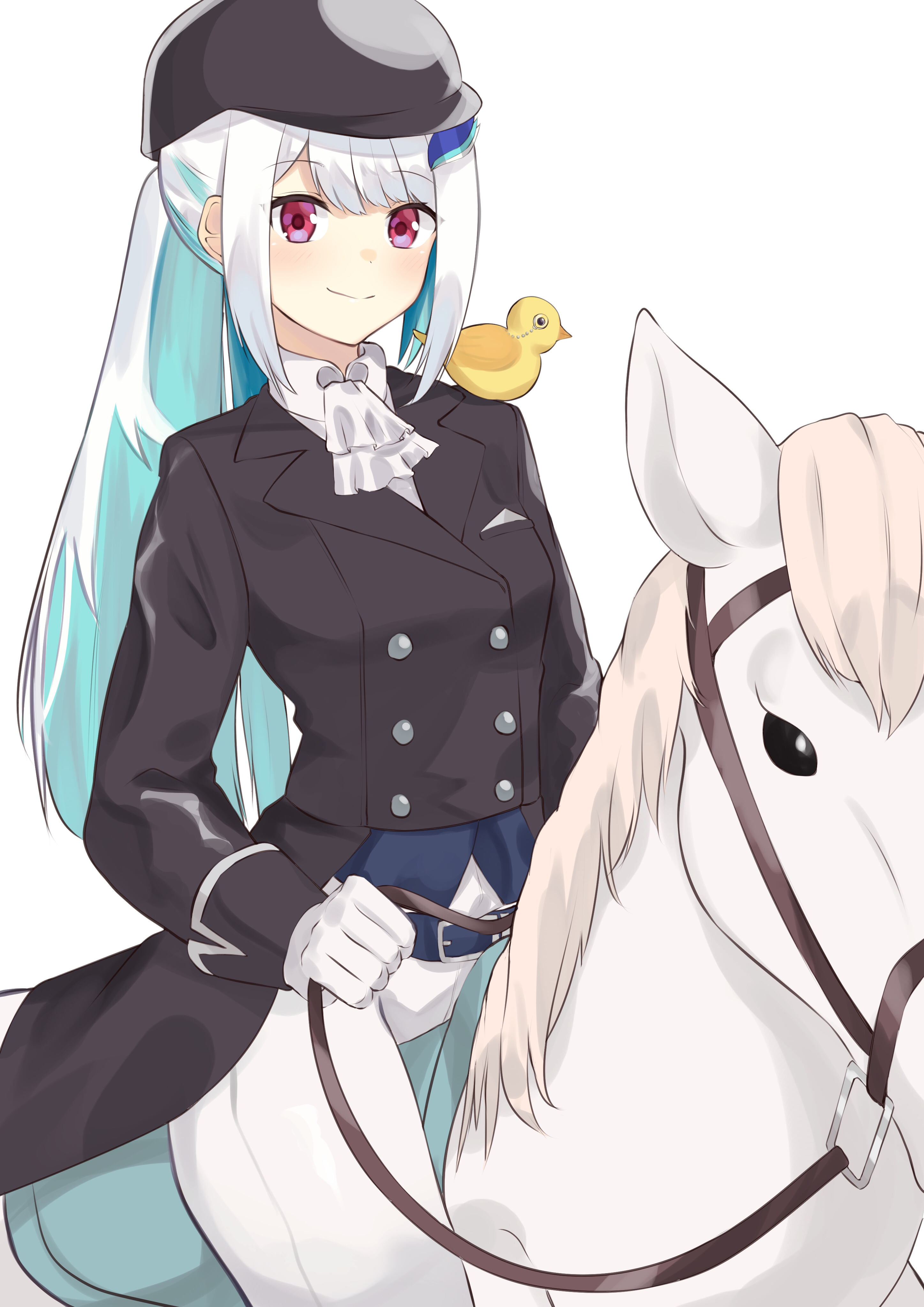 viet (yomi0556), lize helesta, sebastian piyodore, nijisanji, absurdres, commentary request, highres, 1girl, alternate costume, animal, animal on shoulder, aqua hair, ascot, bird, bird on shoulder, black coat, black hat, blush, breasts, bridle, buttons, closed mouth, coat, colored inner hair, cowboy shot, double-breasted, gloves, hair ornament, hat, holding, holding reins, horseback riding, lapels, long hair, long sleeves, looking at viewer, monocle, multicolored hair, notched lapels, pants, pocket square, ponytail, purple eyes, reins, riding, riding outfit, saddle, sidelocks, simple background, sleeve cuffs, small breasts, smile, tailcoat, very long hair, virtual youtuber, white ascot, white background, white gloves, white hair, white horse, white pants, yellow bird