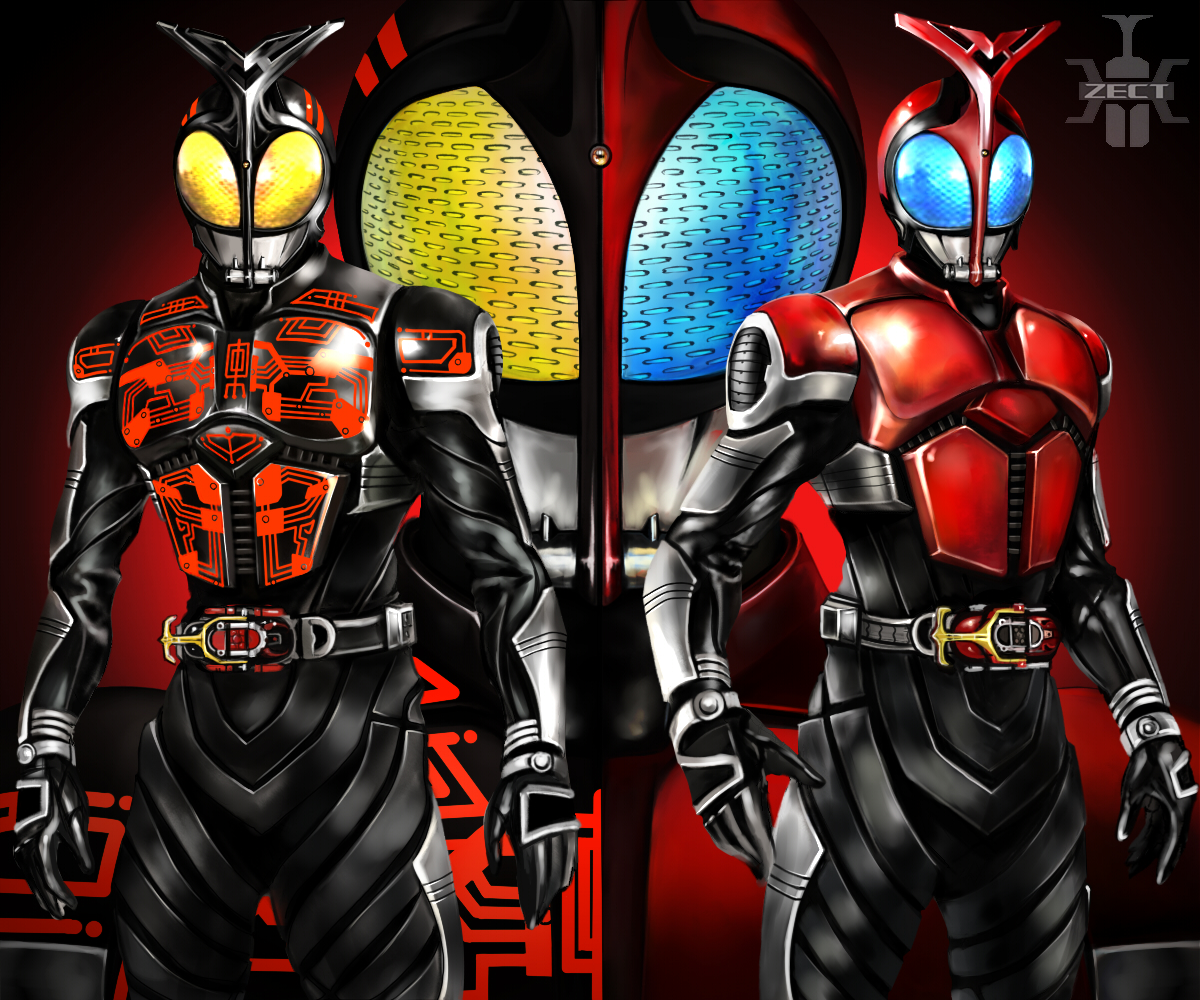 kiyoshi☆mon, sei mon, kamen rider dark kabuto, kamen rider kabuto, kamen rider, kamen rider kabuto (series), 2boys, arms at sides, belt, bodysuit, buckle, cowboy shot, gauntlets, looking at viewer, multiple boys, standing