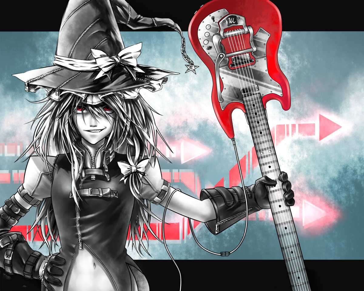 ioridonmax13, kirisame marisa, touhou, bad id, bad pixiv id, 1girl, adapted costume, female focus, gloves, grin, guitar, hat, hat ribbon, holding, instrument, monochrome, navel, red eyes, ribbon, short sleeves, smile, smirk, solo, spot color, zipper