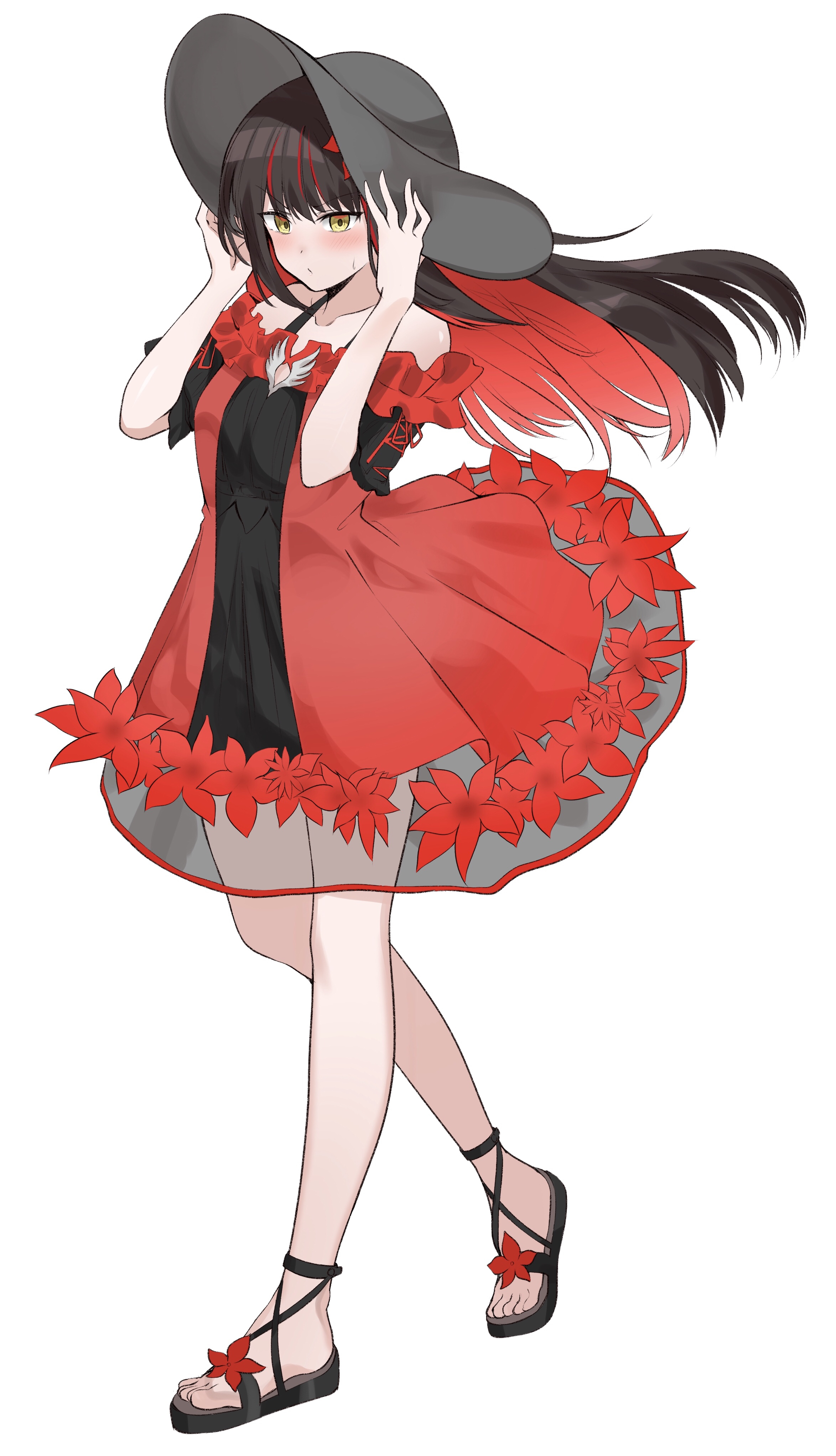 viet (yomi0556), lize helesta, lize helesta (2nd costume), nijisanji, absurdres, commentary request, highres, 1girl, alternate color, alternate eye color, alternate hair color, ankle strap, bare shoulders, black dress, black hair, black sandals, blush, breasts, collarbone, colored inner hair, dark persona, dress, floating clothes, floating hair, frilled dress, frills, full body, grey hat, hand on own hat, hands up, hat, looking at viewer, multicolored hair, off-shoulder dress, off shoulder, red dress, red hair, sandals, see-through skirt layer, short dress, short sleeves, simple background, small breasts, small sweatdrop, solo, standing, streaked hair, sun hat, two-tone hair, virtual youtuber, walking, white background, wide brim, yellow eyes
