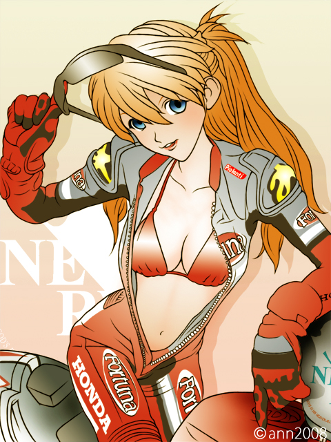ann yosh, souryuu asuka langley, honda, neon genesis evangelion, rebuild of evangelion, vehicle, md5 mismatch, resolution mismatch, source larger, 00s, 1girl, biker clothes, bikesuit, bikini, bikini top only, blue eyes, bodysuit, breasts, center opening, cleavage, female focus, full-length zipper, gloves, goggles, jumpsuit, logo, long hair, mecha pilot suit, motor vehicle, motorcycle, open bodysuit, open clothes, open shirt, orange bikini, orange hair, plugsuit (evangelion), product placement, red hair, shadow, shirt, short hair, signature, simple background, sketch, smirk, solo, sunglasses, swimsuit, twintails, unzipped, zipper