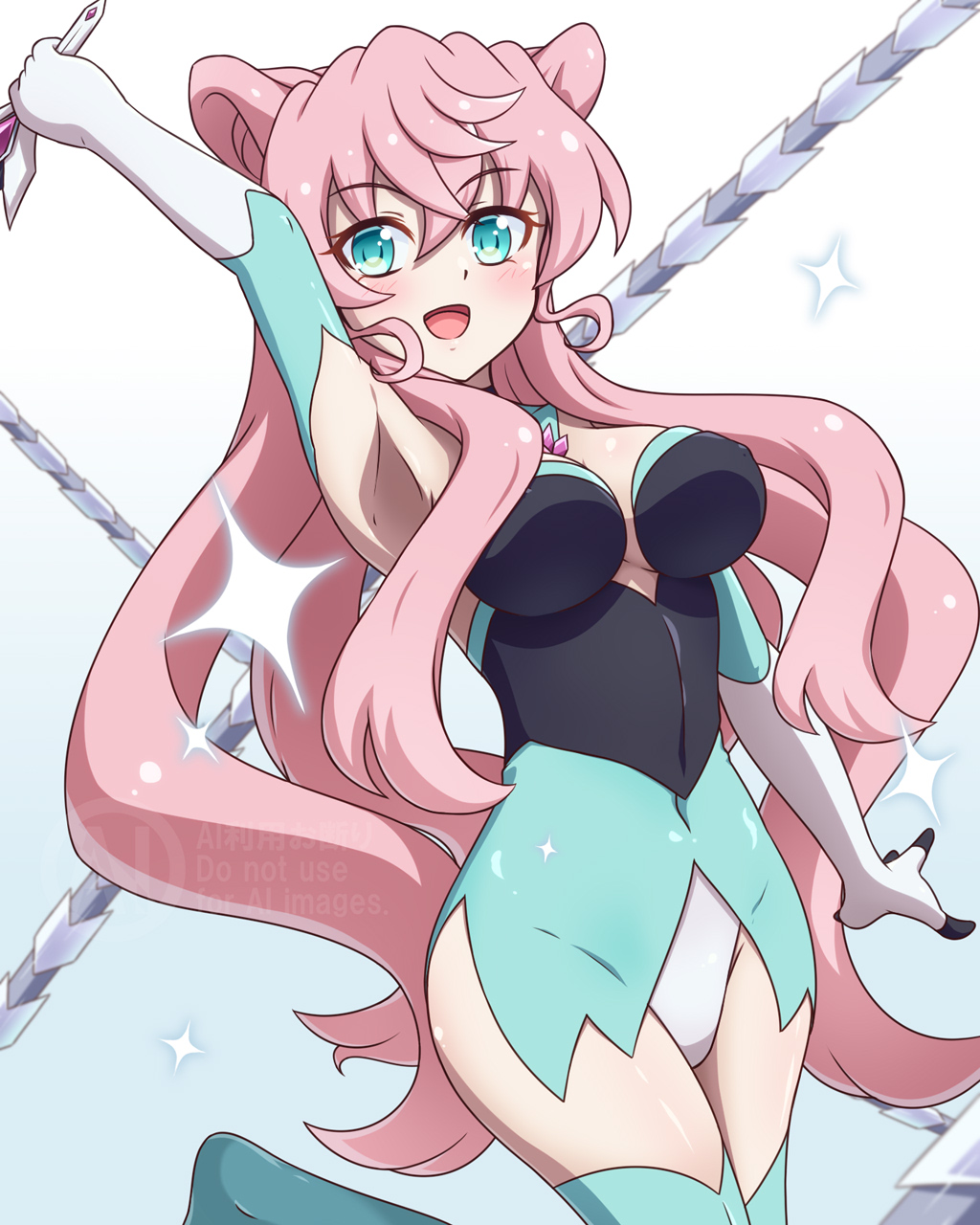 yosuzu, maria cadenzavna eve, senki zesshou symphogear, highres, 1girl, blush, breasts, cleavage, gloves, green eyes, hair between eyes, holding, holding sword, holding weapon, large breasts, long hair, looking at viewer, open mouth, pink hair, simple background, smile, solo, sword, very long hair, weapon, whip sword