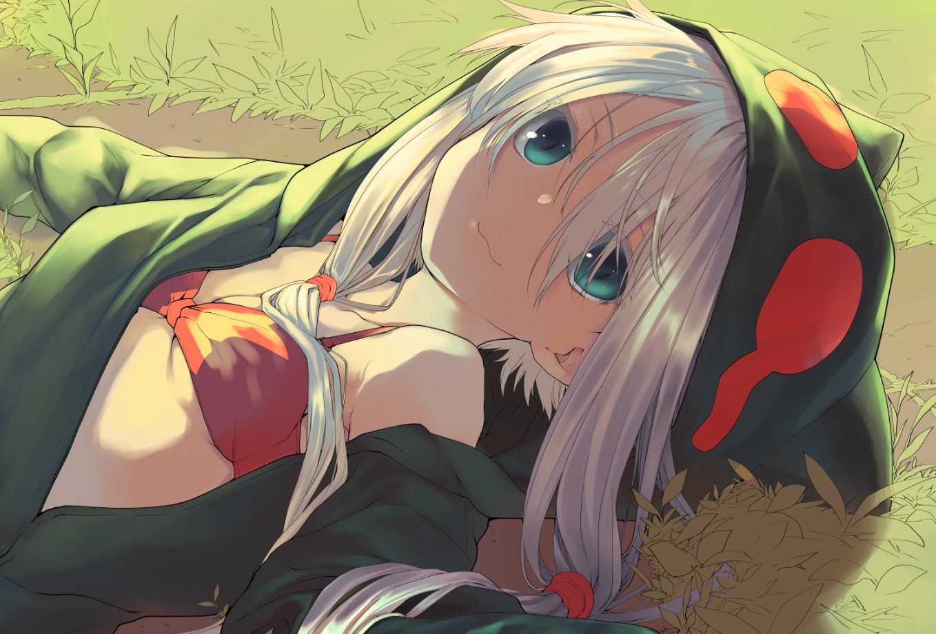 midori no ruupe, original, commentary request, 1girl, :3, aqua eyes, bra, breasts, close-up, closed mouth, dandelion, evening, flower, grass, green jacket, hair between eyes, hood, hood up, hooded jacket, jacket, long sleeves, low twintails, lying, on back, open clothes, open hand, open jacket, outdoors, outstretched arm, outstretched arms, pink ribbon, red bra, ribbon, small breasts, smile, solo, spread arms, twintails, underwear, upper body, white hair