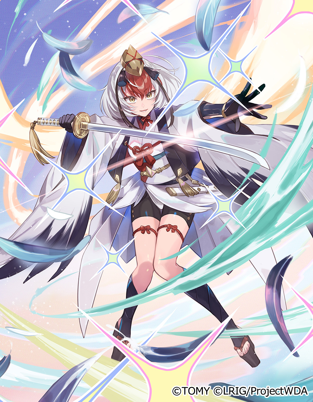 yuko (uc yuk), wixoss, highres, official art, 1girl, black gloves, black sandals, black shorts, black thighhighs, copyright notice, feathers, gloves, holding, holding sword, holding weapon, jacket, looking at viewer, medium hair, multicolored hair, open mouth, red hair, sandals, shirt, shorts, solo, streaked hair, sword, thigh strap, thighhighs, tsurumaru (wixoss), weapon, white hair, white jacket, white shirt, yellow eyes
