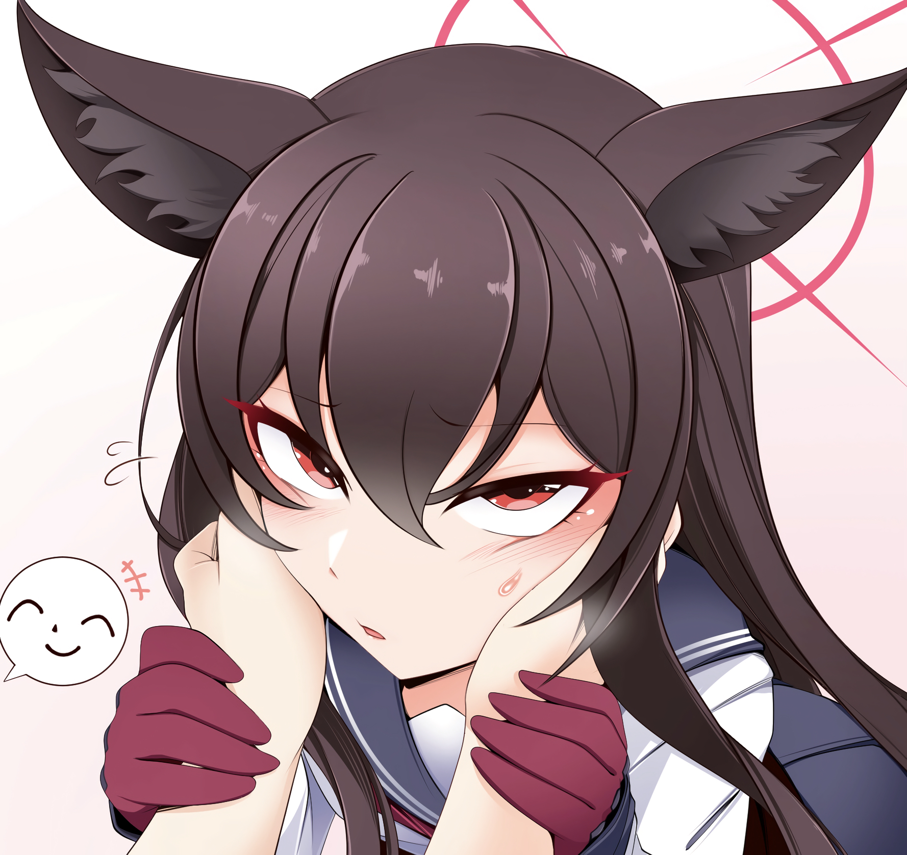 kagayai akira, doodle sensei (blue archive), sensei (blue archive), yukino (blue archive), blue archive, commentary request, highres, +++, 1boy, 1girl, animal ear fluff, animal ears, blue sailor collar, blush, brown hair, eyelashes, flying sweatdrops, fox ears, fox girl, furrowed brow, gloves, hair between eyes, halo, hands up, holding another's wrist, long hair, looking at viewer, open mouth, pov, pov hands, red eyes, red gloves, red halo, sailor collar, school uniform, serafuku, shirt, sidelocks, solo focus, speech bubble, spoken character, sweatdrop, tsurime, upper body, upturned eyes, white shirt