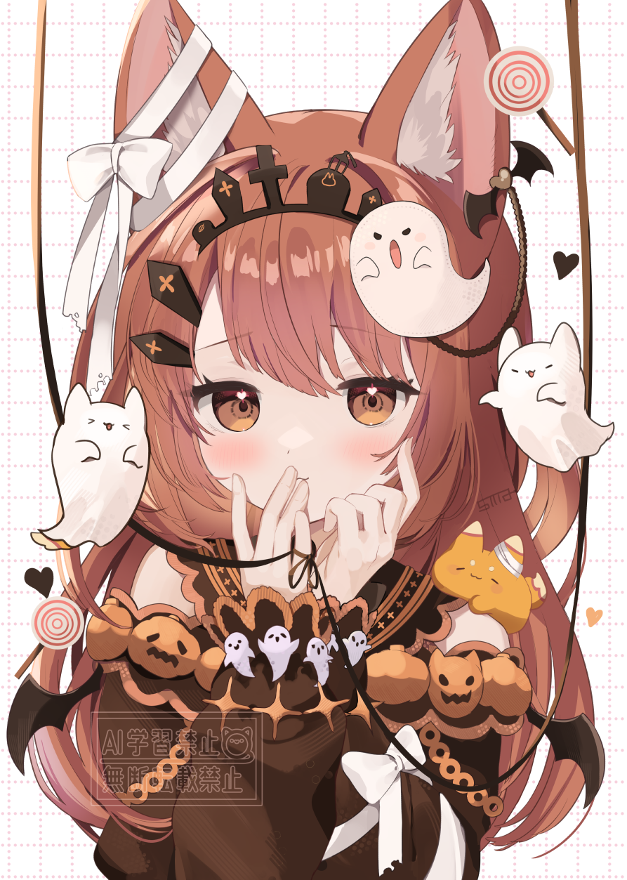 goma (u p), original, commentary, highres, > <, 1girl, animal ear fluff, animal ears, bandaged ear, brown dress, brown eyes, brown hair, candy, coffin hair ornament, covering own mouth, demon wings, dress, food, ghost, grid background, halloween, hands up, heart, heart in eye, lollipop, long hair, looking at viewer, mini wings, pumpkin, ribbon, simple background, symbol in eye, tiara, upper body, watermark, white background, wings