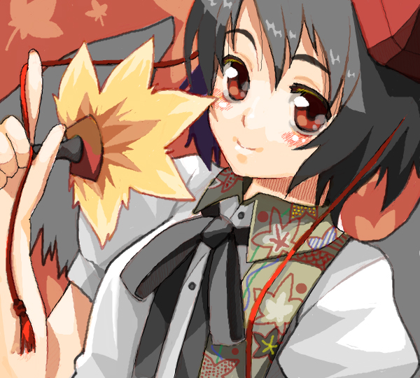 liminarity, shameimaru aya, touhou, 1girl, black hair, black wings, blush, female focus, hand fan, hat, looking at viewer, red eyes, short hair, smile, solo, tokin hat, upper body, wings