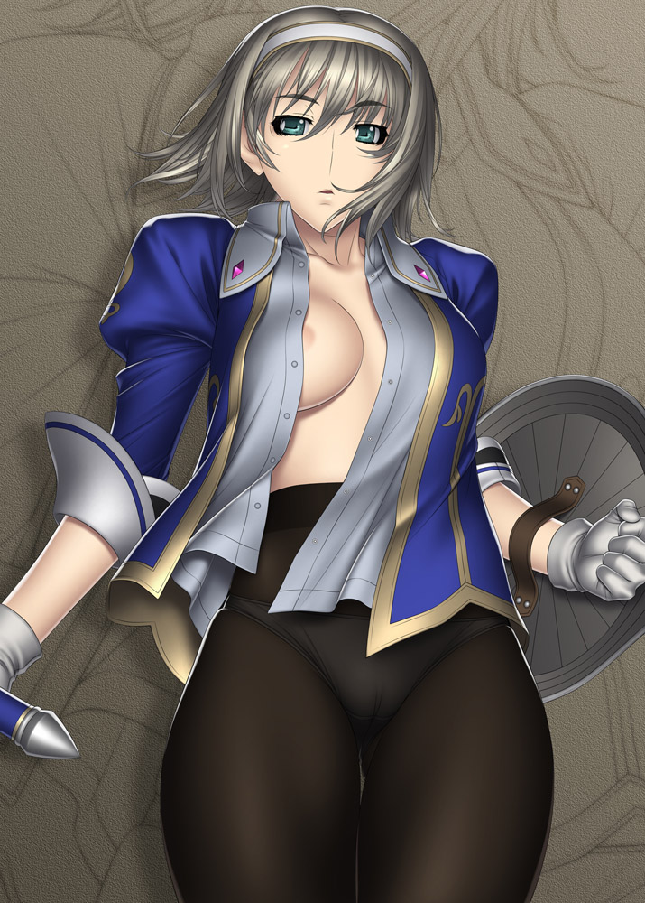 kansuke, cassandra alexandra, soul calibur, soulcalibur, soulcalibur iii, 1girl, aqua eyes, areola slip, blonde hair, bob cut, breasts, cameltoe, female focus, gloves, green eyes, hairband, large breasts, nipple slip, nipples, no bra, open clothes, open shirt, pantyhose, shield, shirt, solo