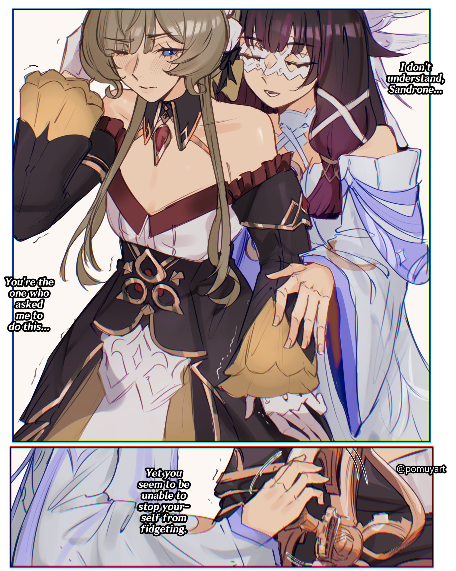 pomuya, columbina (genshin impact), sandrone (genshin impact), genshin impact, commentary, english commentary, highres, 2girls, bare shoulders, black dress, black hair, brown hair, closed eyes, dress, english text, gloves, multicolored hair, multiple girls, open mouth, purple eyes, purple hair, smile, streaked hair, white dress, white gloves, winding key, yuri