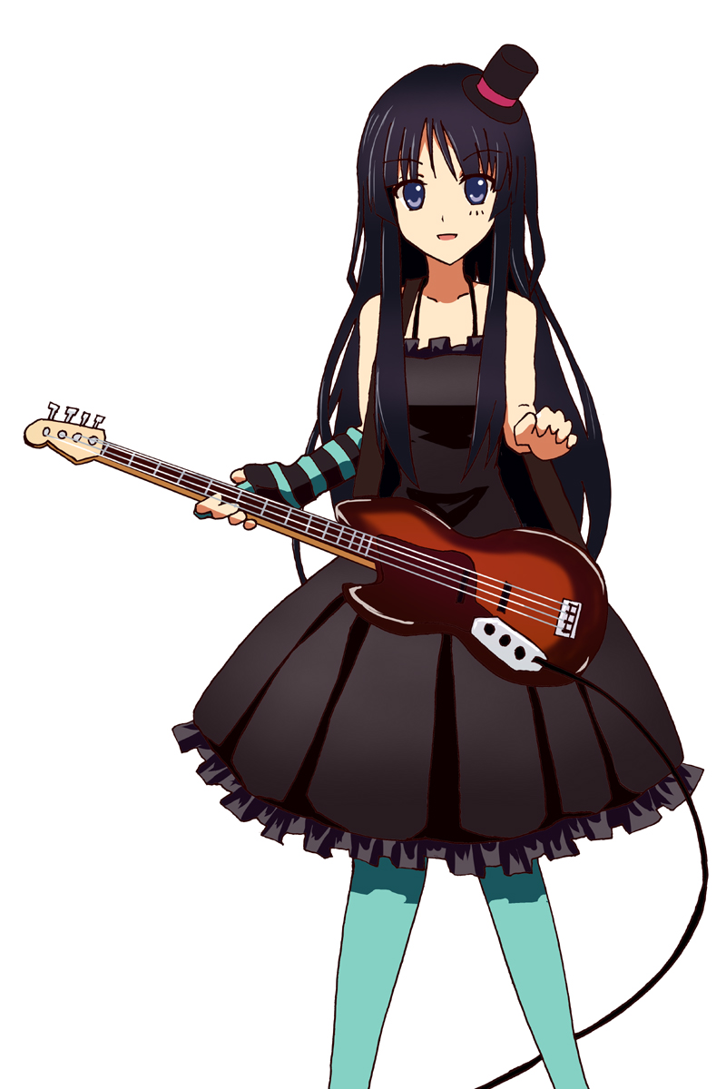 kuroi hitsuji, akiyama mio, don't say "lazy", k-on!, bad id, bad pixiv id, highres, 00s, 1girl, bass guitar, black hair, blue eyes, blunt bangs, dress, elbow gloves, facepaint, female focus, fingerless gloves, gloves, hat, hime cut, instrument, long hair, mini hat, mini top hat, pantyhose, smile, solo, striped clothes, striped gloves, top hat