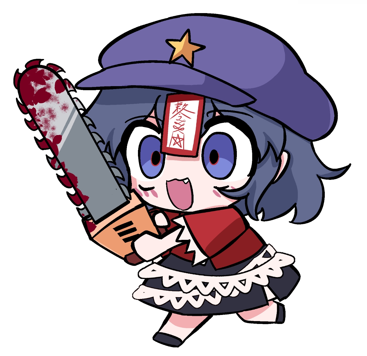 miyako yoshika, touhou, commentary request, highres, 1girl, black shoes, black skirt, blood, blush, chainsaw, chibi, chibi only, fang, full body, hat, hat ornament, holding, holding chainsaw, jiangshi, newsboy cap, ofuda, open mouth, purple eyes, purple hat, que si tian yu ze, red shirt, shirt, shoes, short hair, simple background, skirt, smile, solo, star (symbol), star hat ornament, white background