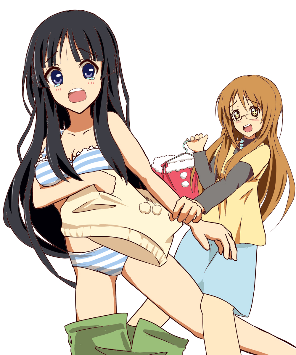 kuroi hitsuji, akiyama mio, yamanaka sawako, k-on!, bad id, bad pixiv id, highres, 00s, 2girls, black hair, blue eyes, blunt bangs, blush, bra, breasts, cleavage, hime cut, jewelry, lingerie, long hair, multiple girls, necklace, panties, striped bra, striped clothes, striped panties, tears, underwear, underwear only