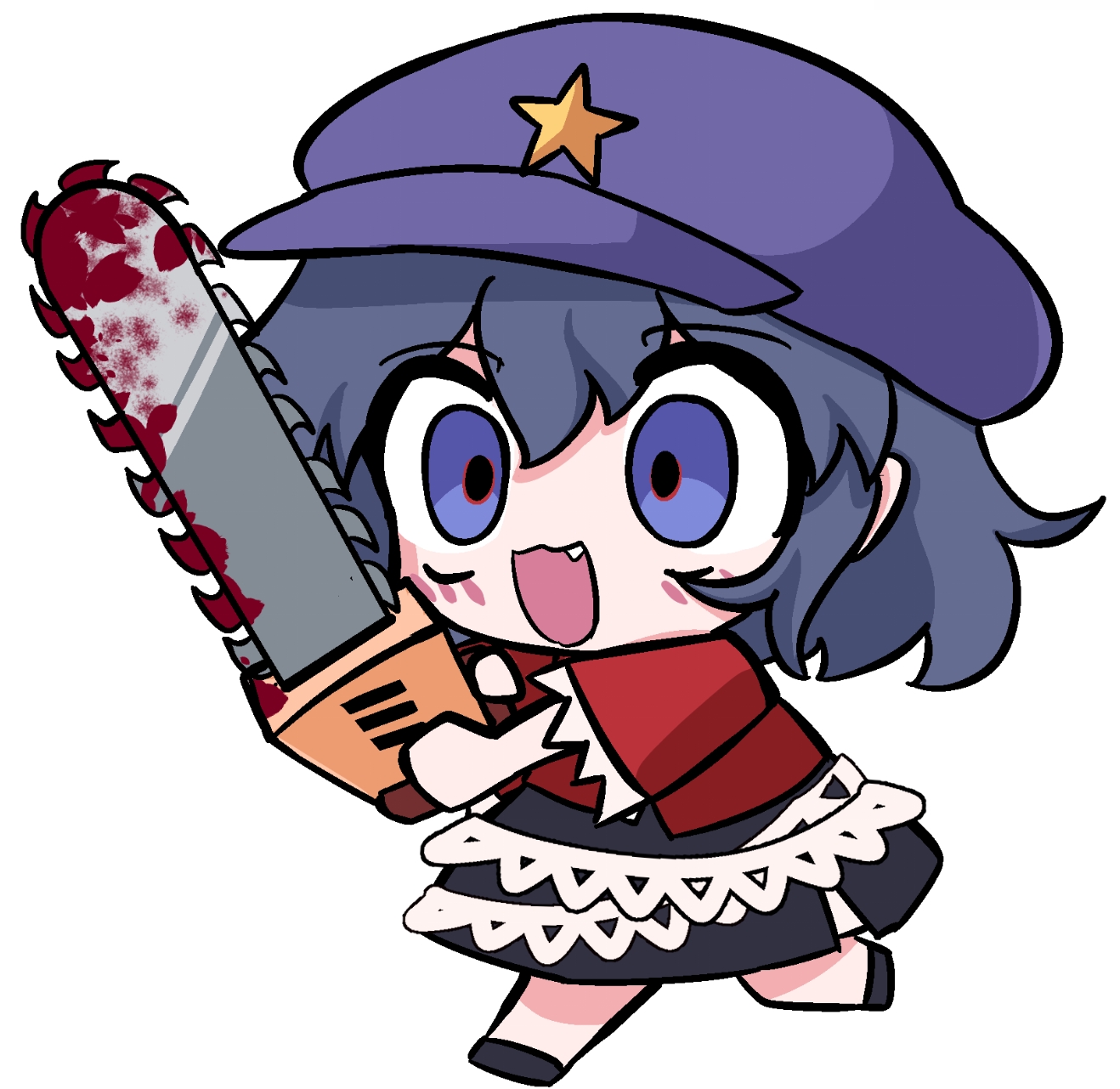 miyako yoshika, touhou, commentary request, highres, 1girl, black shoes, black skirt, blood, blush, chainsaw, chibi, chibi only, fang, full body, hat, hat ornament, holding, holding chainsaw, newsboy cap, no ofuda, open mouth, purple eyes, purple hat, que si tian yu ze, red shirt, shirt, shoes, short hair, simple background, skirt, smile, solo, star (symbol), star hat ornament, white background