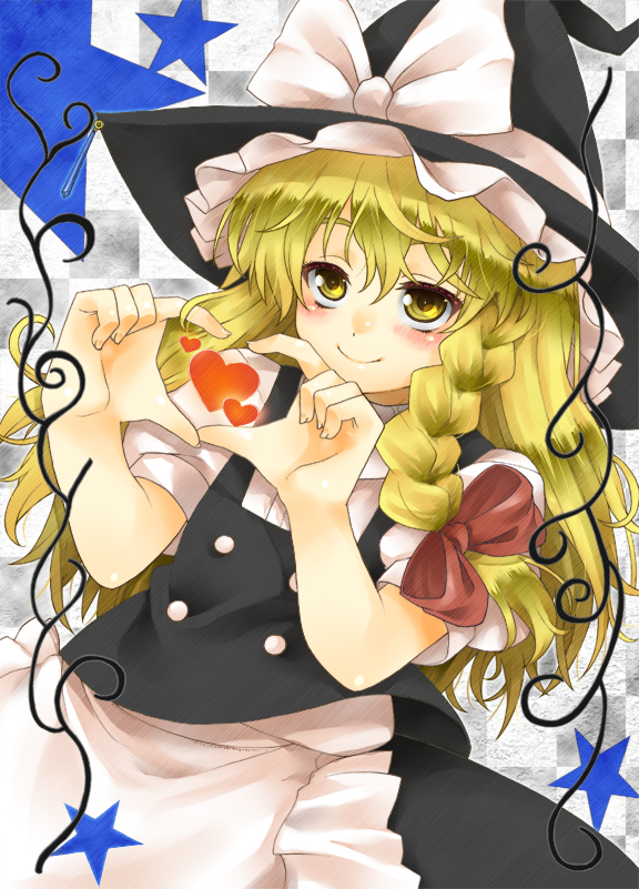 liminarity, kirisame marisa, touhou, 1girl, blonde hair, braid, female focus, four-finger heart hands, hat, heart, heart hands, short hair, skirt, solo, witch, witch hat, yellow eyes
