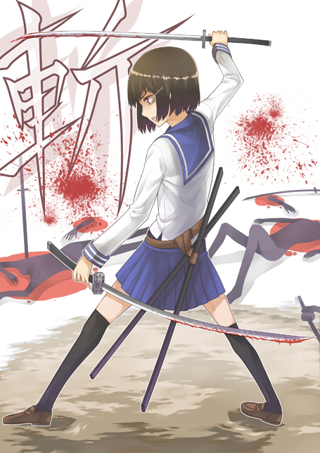 liminarity, original, 1girl, black hair, blood, dual wielding, female focus, holding, katana, kneehighs, red eyes, school uniform, sheath, short hair, socks, solo, sword, weapon