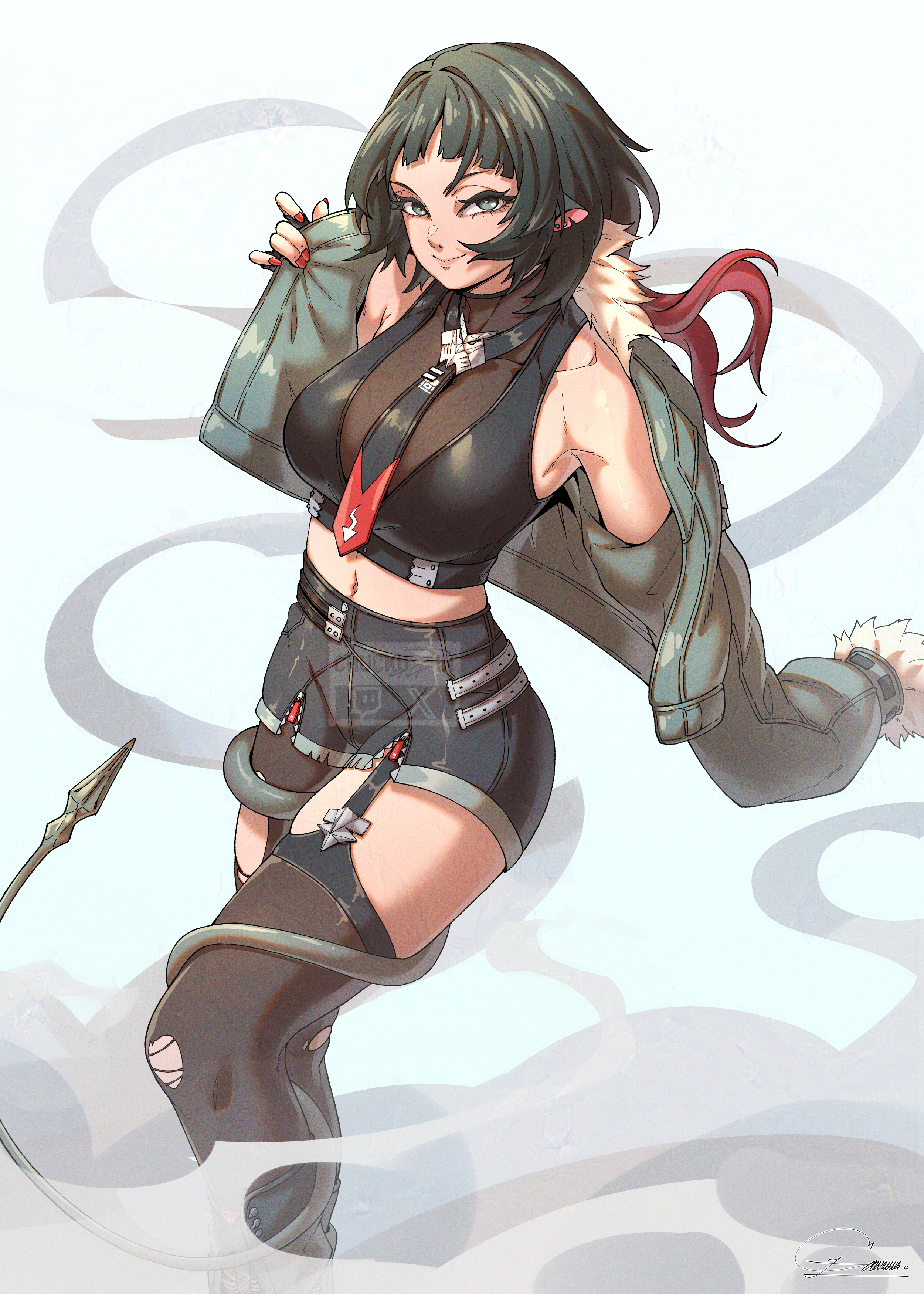 chuckuddin, jane doe (zenless zone zero), zenless zone zero, absurdres, commentary, english commentary, highres, animal ears, breasts, mouse ears, mouse girl, mouse tail, pantyhose, red nails, sharp tail, shorts, solo, tail, thighhighs, torn clothes, torn pantyhose, torn thighhighs