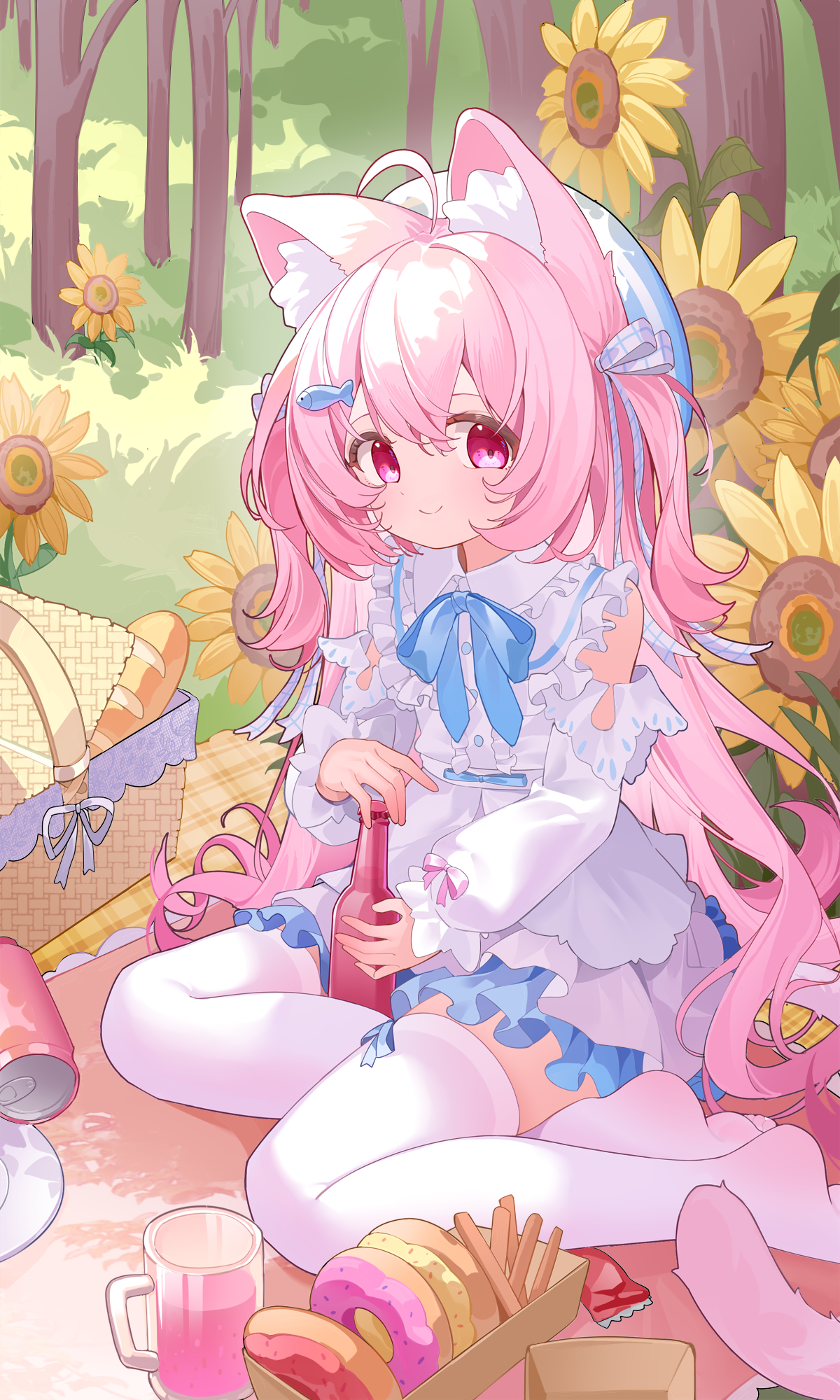 ningmeng jing jing jing jing, original, chinese commentary, commentary request, highres, 1girl, ahoge, animal ear fluff, animal ears, blanket, blue bow, blue bowtie, blue hat, blush, bottle, bow, bowtie, can, cat ears, cat tail, detached sleeves, donut, dress, drink can, fish hair ornament, flower, food, french fries, glass, grass, hair ornament, hat, holding, holding bottle, long hair, no shoes, outdoors, pantyhose, picnic, picnic basket, pink eyes, pink hair, poking, smile, soda can, sunflower, tail, tree, two side up, very long hair, white dress, white pantyhose
