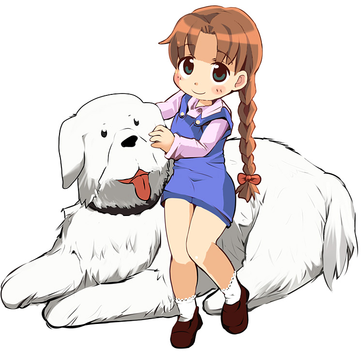 sasago kaze, alexander (fma), nina tucker, fullmetal alchemist, 00s, 1girl, blue eyes, bow, braid, brown hair, collar, dog, hair bow, loli, long hair, overalls, smile, white background