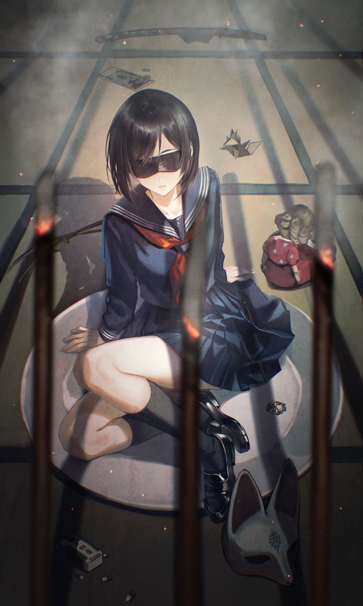 bai rui, shimizu hinako, silent hill (series), silent hill f, commentary request, highres, 1girl, arm support, black hair, black shoes, black socks, blindfold, blue sailor collar, blue shirt, blue skirt, blurry, brooch, closed mouth, coin, depth of field, doll, embers, eye mask, facing viewer, fox mask, indoors, jewelry, kneehighs, loafers, long sleeves, mask, money, neckerchief, on plate, origami, plate, pleated skirt, red neckerchief, sailor collar, school uniform, serafuku, shirt, shoes, short hair, sitting, skirt, smoke, socks, solo, sword, tatami, unworn mask, weapon