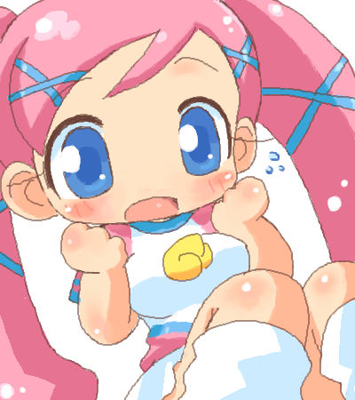 akai maho, doki doki majo shinpan, snk, lowres, 1girl, blue eyes, blush, chibi, female focus, hair ribbon, leg warmers, pink hair, ribbon, simple background, sitting, solo, twintails, white background