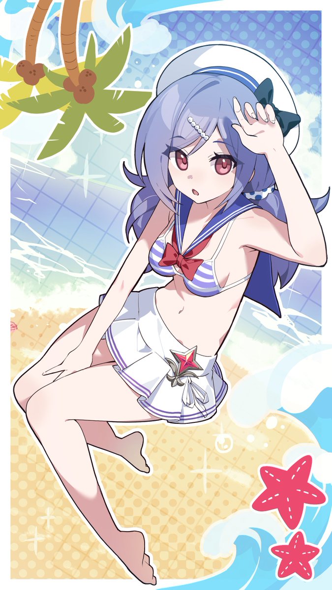 gachop99, iris (stella sora), stella sora, commentary, highres, symbol-only commentary, 1girl, bare arms, bare legs, barefoot, beach, bikini, bikini top only, blue bikini, blue hair, blue sailor collar, bow, bowtie, coconut, coconut tree, feet, green bow, hair ornament, hair scrunchie, hairclip, hat, hat bow, long hair, looking at viewer, low twintails, multicolored bikini, navel, ocean, official alternate costume, official alternate hairstyle, open mouth, palm tree, pleated skirt, polka dot, polka dot scrunchie, red bow, red bowtie, red eyes, sailor collar, sailor hat, sand, scrunchie, skirt, solo, starfish, stomach, striped bikini, striped clothes, swept bangs, swimsuit, toes, tree, twintails, two-tone bikini, water, white bikini, white skirt