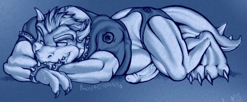 bowser, koopa, mario (series), nintendo, super mario bros. 1, tagme, 1boy, barefoot, full body, furry, furry male, male focus, monochrome, penis, solo, tail