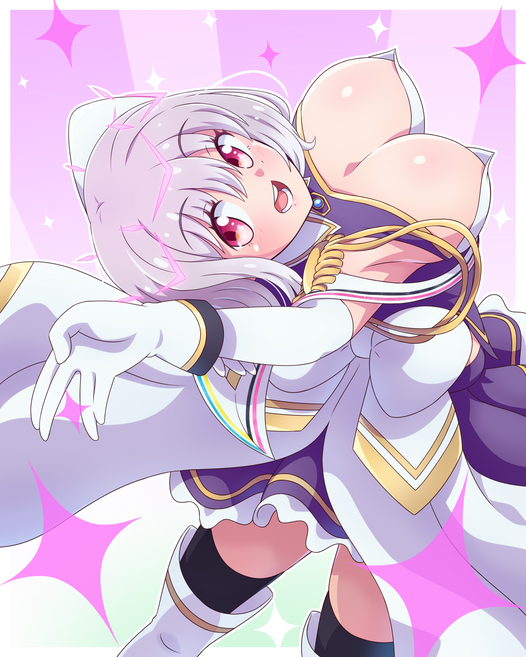 yosuzu, shinjou akane, gridman universe, highres, 1girl, blush, boots, bow, breasts, dress, large breasts, long sleeves, looking at viewer, off shoulder, purple hair, red eyes, shiny skin, short hair, skirt, solo