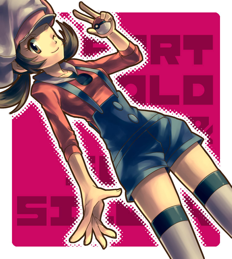 tomone, lyra (pokemon), nintendo, pokemon, pokemon hgss, bad id, bad pixiv id, 00s, 1girl, brown eyes, brown hair, copyright name, female focus, hat, hat ribbon, holding, holding poke ball, kneehighs, newsboy cap, one eye closed, overalls, poke ball, red ribbon, ribbon, short twintails, socks, solo, thighhighs, twintails, white socks, white thighhighs, wink