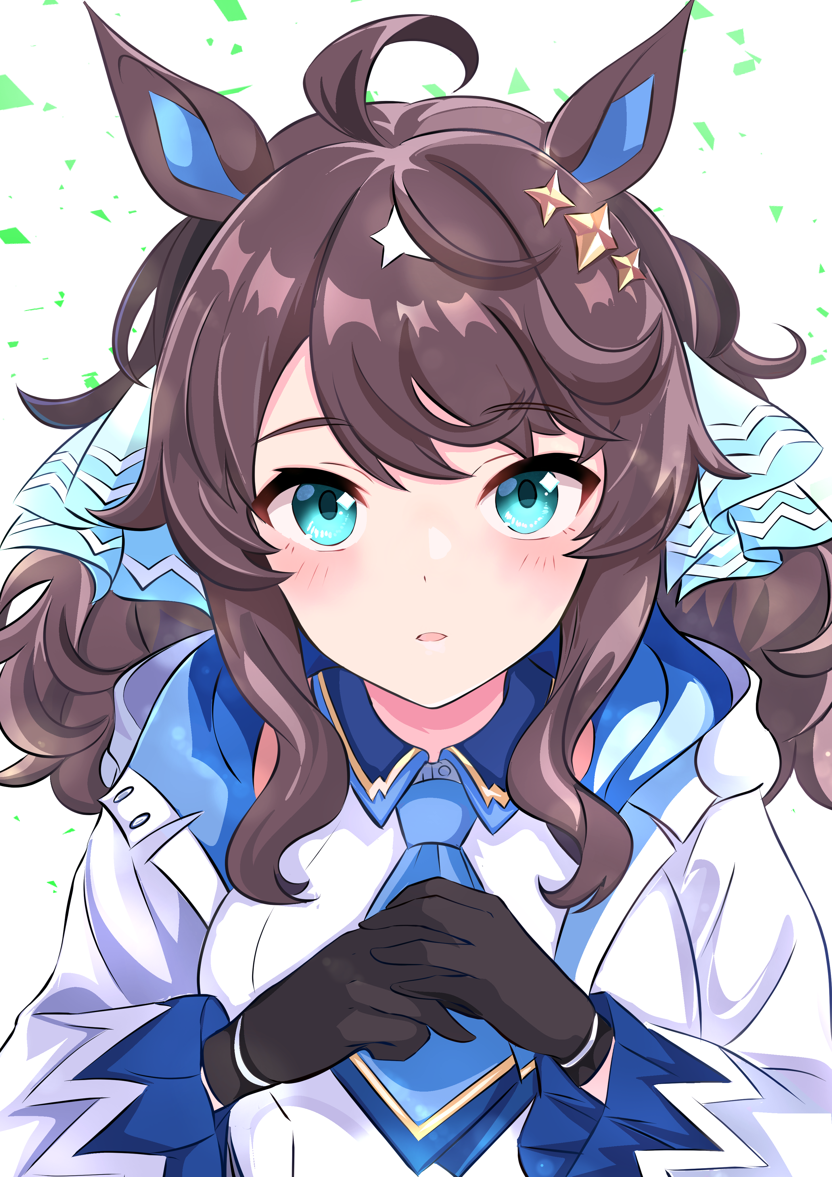 kanon (user rrhr4244), daring tact (umamusume), umamusume, absurdres, commentary request, commission, highres, skeb commission, 1girl, animal ears, aqua eyes, black gloves, black hair, blue necktie, colored inner animal ears, gloves, horse ears, horse girl, jacket, long hair, looking at viewer, necktie, shirt, sidelocks, solo, upper body, white jacket, white shirt