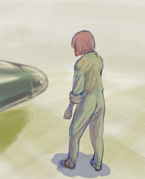 taanii, lavie head, last exile, 00s, back, bob cut, from behind, jumpsuit, red hair, short hair, sleeves rolled up, solo, vanship