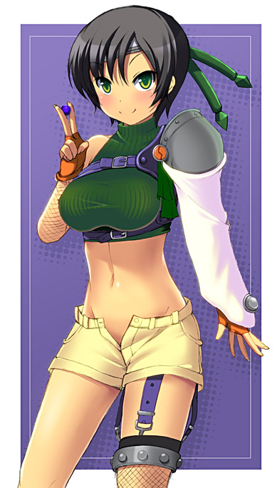 kyoku tou, yuffie kisaragi, final fantasy, final fantasy vii, 1990s (style), 1girl, armor, black hair, female focus, fingerless gloves, fishnet thighhighs, fishnets, gloves, green eyes, headband, materia, midriff, navel, open fly, retro artstyle, short hair, shorts, sleeveless, sleeveless turtleneck, smile, solo, thighhighs, turtleneck, unzipped