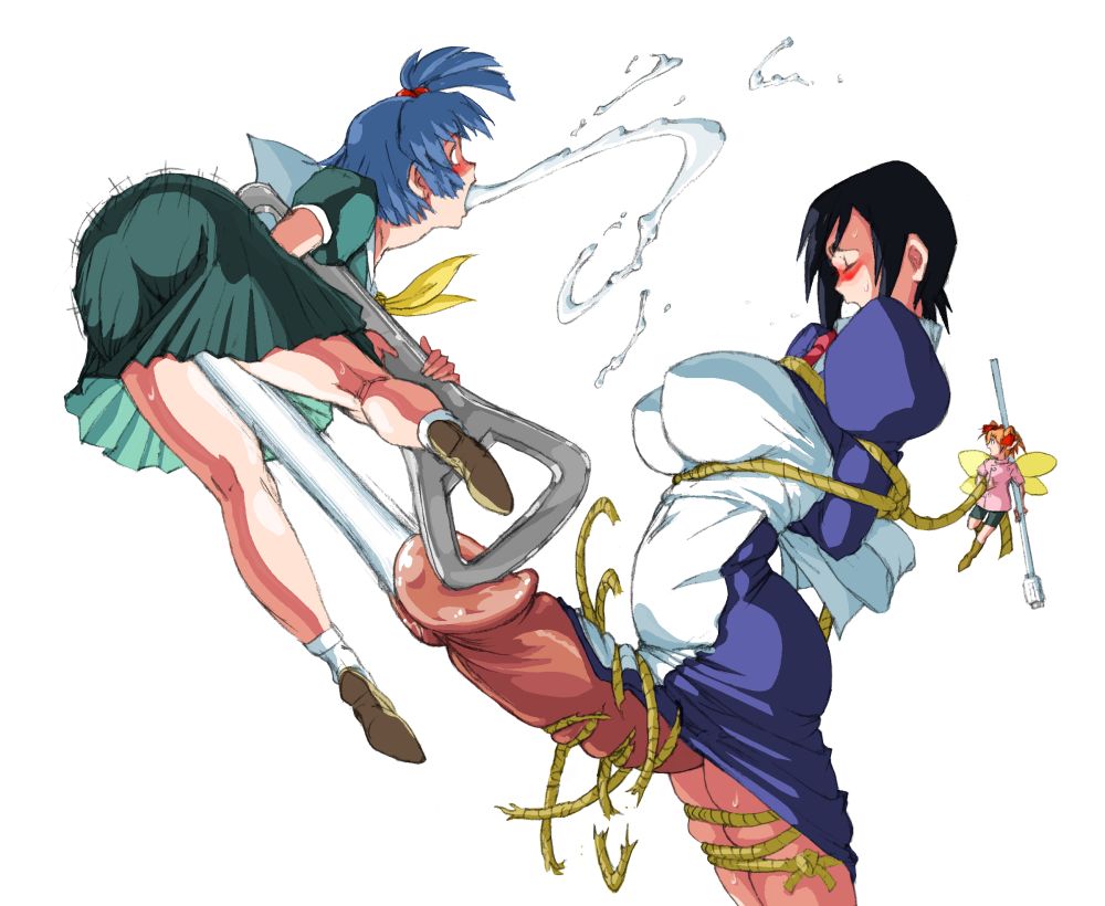 gekka kaguya (urabata), 98se-tan, ce-tan, shugoi-san, shugoi (nijiura maids), futaba channel, nijiura maids, os-tan, 1futa, 2girls, all the way through, arched back, bdsm, black hair, blue hair, blush, bondage, bottle opener, bound, breasts, cum, cum through, dress, ejaculation, fairy, fairy wings, futanari, green dress, handsfree ejaculation, huge breasts, huge penis, large breasts, maid, medium hair, mini person, minigirl, multiple girls, orange hair, penis, projectile cum, rope, shibari, simple background, skirt, surprised, uncensored, wand, what, white background, wings