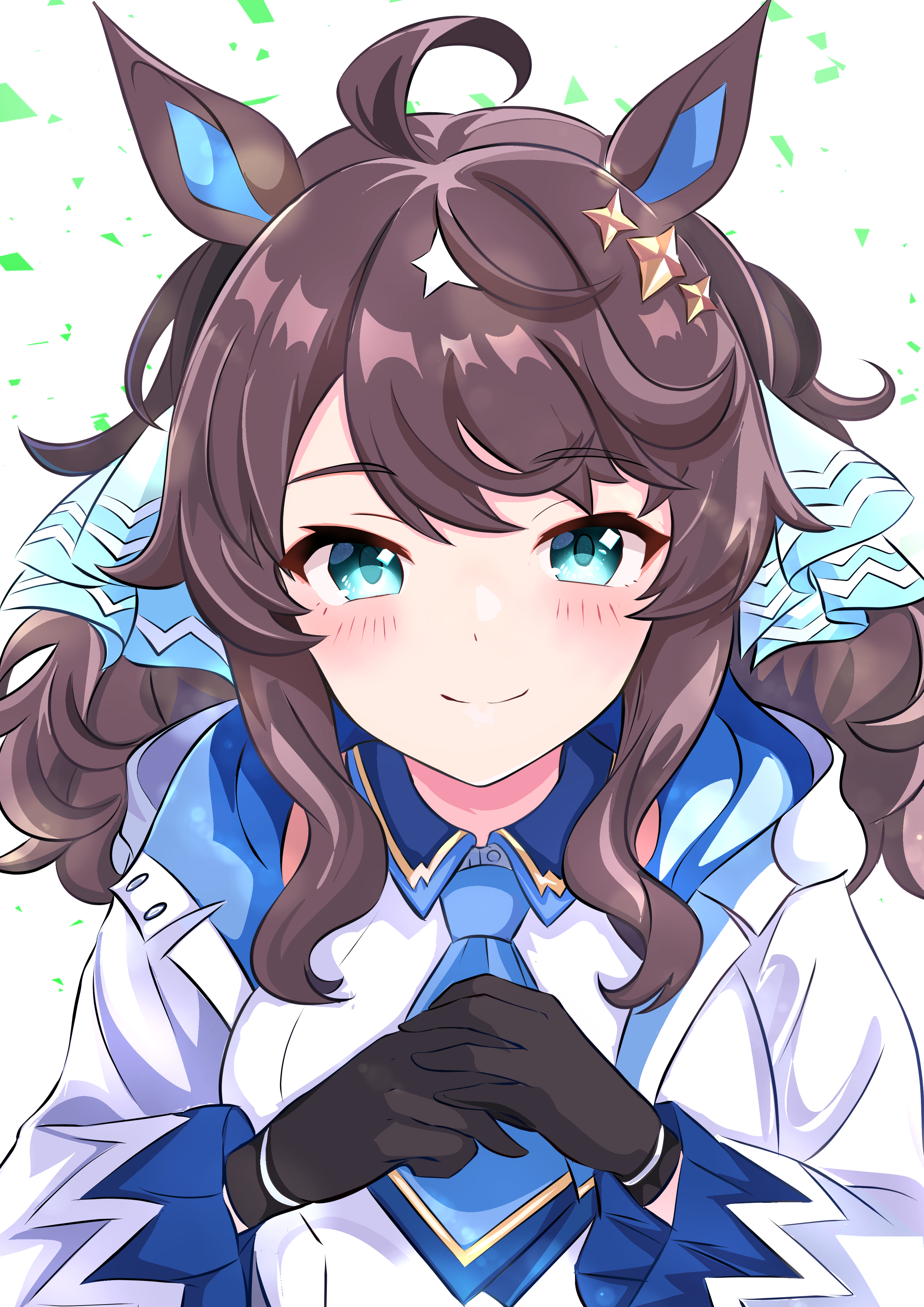 kanon (user rrhr4244), daring tact (umamusume), umamusume, absurdres, commentary request, commission, highres, skeb commission, 1girl, animal ears, aqua eyes, black gloves, black hair, blue necktie, closed mouth, colored inner animal ears, gloves, horse ears, horse girl, jacket, long hair, looking at viewer, necktie, shirt, sidelocks, smile, solo, upper body, white jacket, white shirt