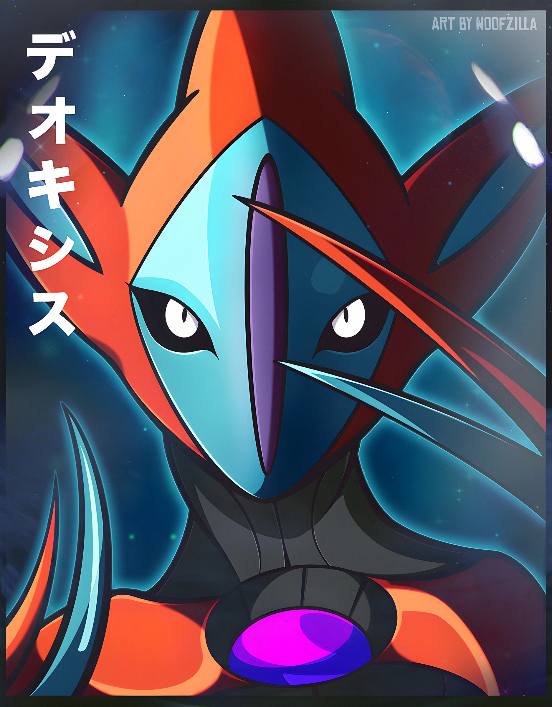 woofzilla, deoxys, deoxys (attack), nintendo, pokemon, absurdres, commentary, english commentary, highres, translation request, 1other, artist name, black eyes, blue outline, border, gen 3 pokemon, jojo pose, looking at viewer, mythical pokemon, other focus, outline, pokemon (creature), solo, star (sky)