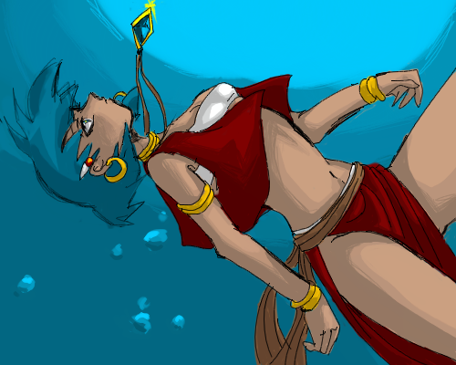 kasuko, nadia la arwall, fushigi no umi no nadia, bad id, bad pixiv id, lowres, 1990s (style), 1girl, armband, armlet, asphyxiation, bandeau, blue hair, bracelet, dark-skinned female, dark skin, drowning, earrings, female focus, hair ornament, hairclip, jewelry, loincloth, neck ring, necklace, retro artstyle, short hair, solo, strapless, tube top, underwater, vest