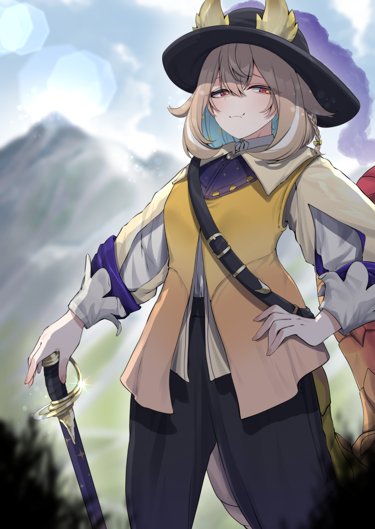 valefal coneri, utatane nasa, phase connect, commission, highres, 1girl, belt, black belt, black hat, blue hair, bow, braid, closed mouth, colored inner hair, dragon horns, dragon tail, hair bow, hand on own hip, hat, holding, holding sword, holding weapon, horns, horns through headwear, multicolored hair, red eyes, solo, star-shaped pupils, star (symbol), streaked hair, sword, symbol-shaped pupils, tail, virtual youtuber, weapon, white hair, yellow bow