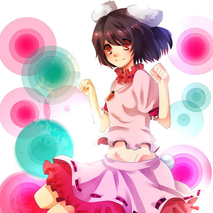 yutazou, inaba tewi, touhou, bad id, bad pixiv id, 1girl, animal ears, black hair, carrot, female focus, groin, jewelry, midriff, navel, necklace, orange eyes, paw pose, pendant, rabbit ears, rabbit girl, rabbit tail, short hair, sitting, solo, tail