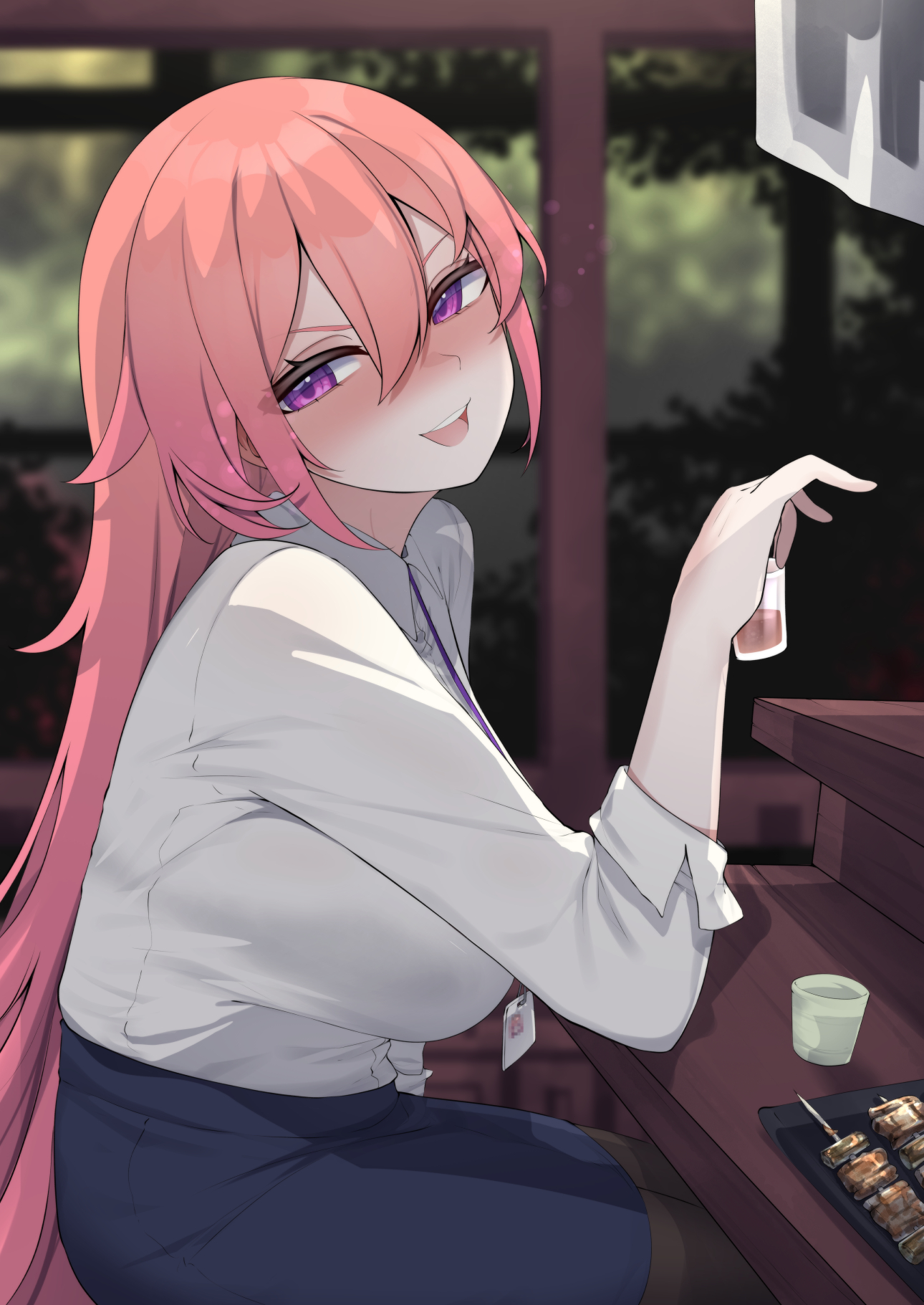 valefal coneri, runie ruse, phase connect, commission, highres, 1girl, black pantyhose, blue skirt, blush, breasts, collared shirt, cup, food, hair between eyes, holding, holding cup, lanyard, long hair, office lady, open mouth, pantyhose, pink hair, purple eyes, shadow, shirt, skirt, smile, solo, virtual youtuber, white shirt