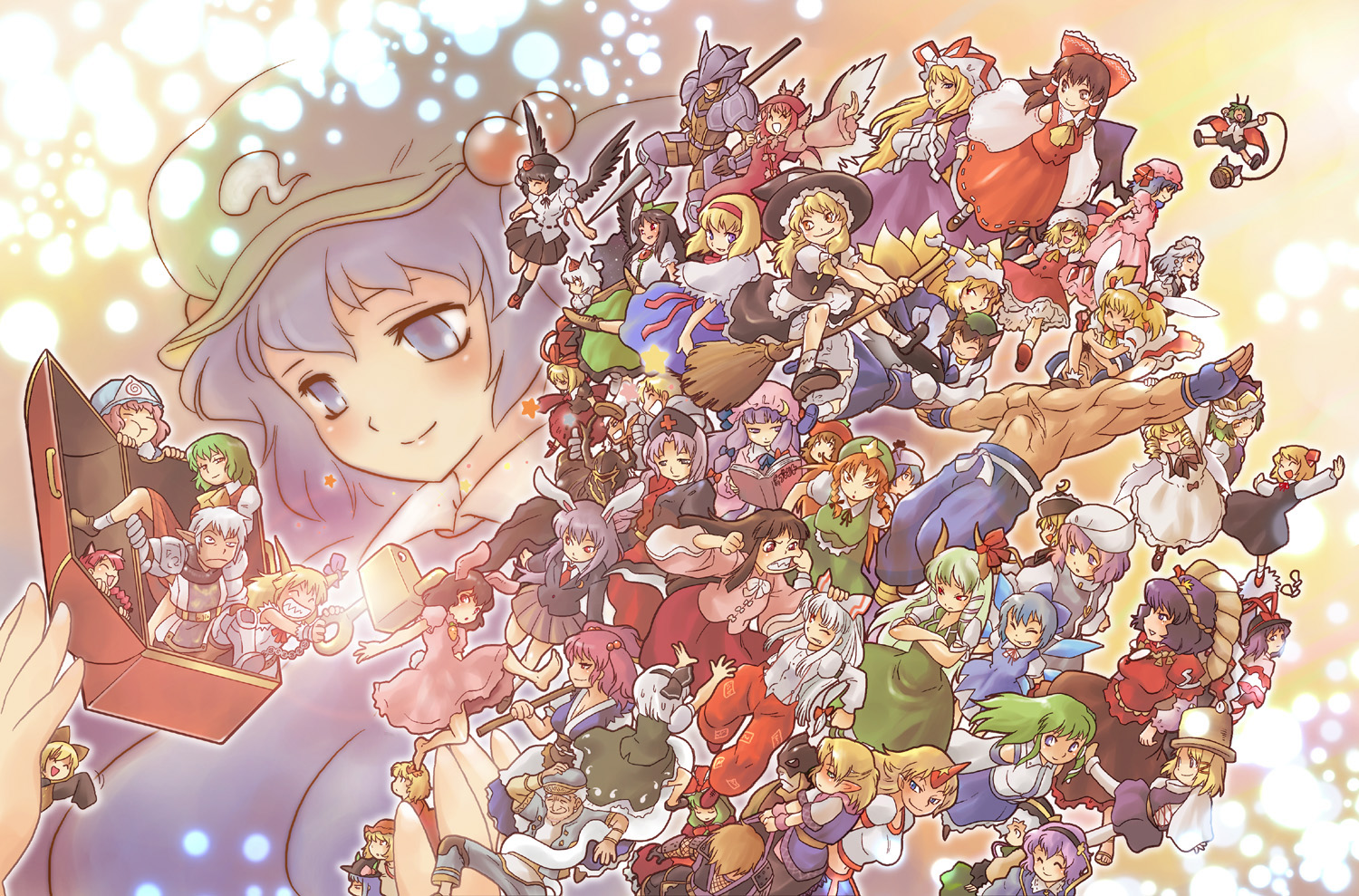 tomotsuka haruomi, aki minoriko, aki shizuha, alice margatroid, buront, cain highwind, chen, cirno, dragoon (final fantasy), ex-keine, final tatsuya, flandre scarlet, fujiwara no mokou, hakurei reimu, hinanawi tenshi, hong meiling, hoshiguma yuugi, houraisan kaguya, ibuki suika, inaba tewi, inubashiri momiji, izayoi sakuya, jin fu-ha, kaenbyou rin, kagiyama hina, kamishirasawa keine, kawashiro nitori, kazami yuuka, kirisame marisa, kisume, kitanai ninja, kochiya sanae, komeiji koishi, komeiji satori, konpaku youmu, kurodani yamame, letty whiterock, luna child, lunasa prismriver, lyrica prismriver, maat, medicine melancholy, merlin prismriver, mizuhashi parsee, moriya suwako, mystia lorelei, nagae iku, naitou, onozuka komachi, patchouli knowledge, reisen udongein inaba, reiuji utsuho, remilia scarlet, rumia, ryu-san, saigyouji yuyuko, shameimaru aya, shiki eiki, star sapphire, sunny milk, wriggle nightbug, yagokoro eirin, yakumo ran, yakumo yukari, yasaka kanako, zeid, final fantasy, final fantasy iv, final fantasy xi, ryuuko no ken, the iron of yin and yang, touhou, character request, 00s, 1990s (style), 6+girls, absolutely everyone, blonde hair, dragoon, everyone, giant, giantess, hat, horns, multiple girls, red eyes, retro artstyle, single horn, star (symbol), treasure chest